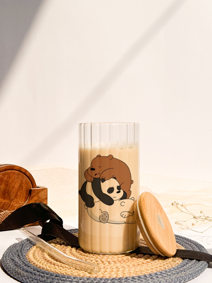 Ripple Taille Sipper 500ml| Bare Bears Print | 18oz Ripple Glass Tumbler with lid and straw