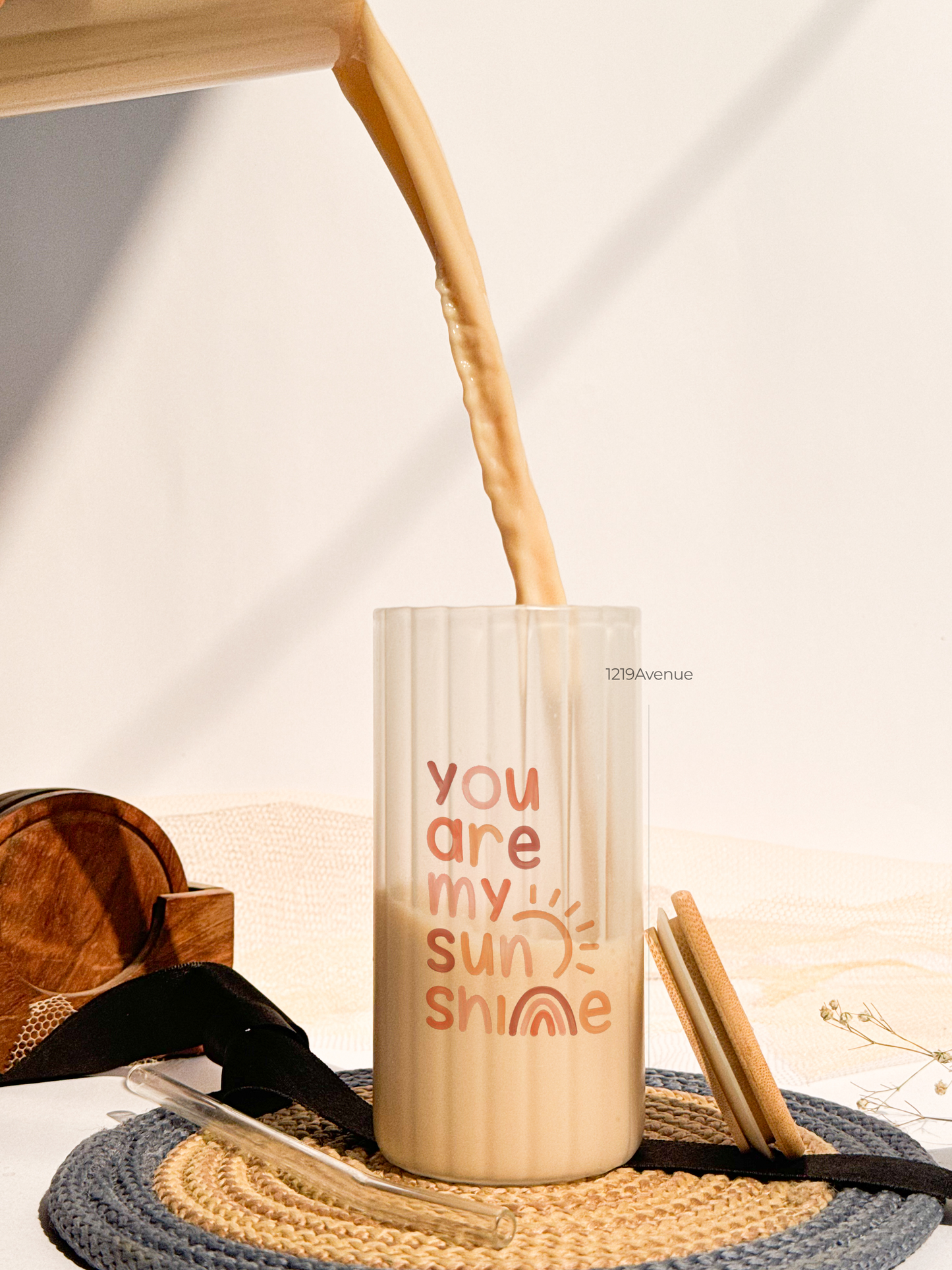 Frosted Ripple Taille Sipper 500ml| You Are My Sunshine  Print | 18oz Ripple Frosted Glass Tumbler with lid and straw