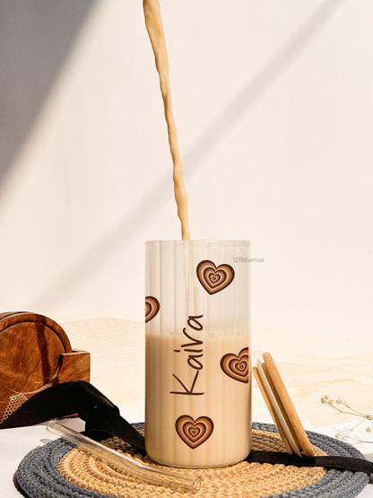 Personalized Frosted Ripple Taille Sippers 500ml|Brown Heart With Name | Coffee Fluted Glass Tumbler with straw and lid 18oz