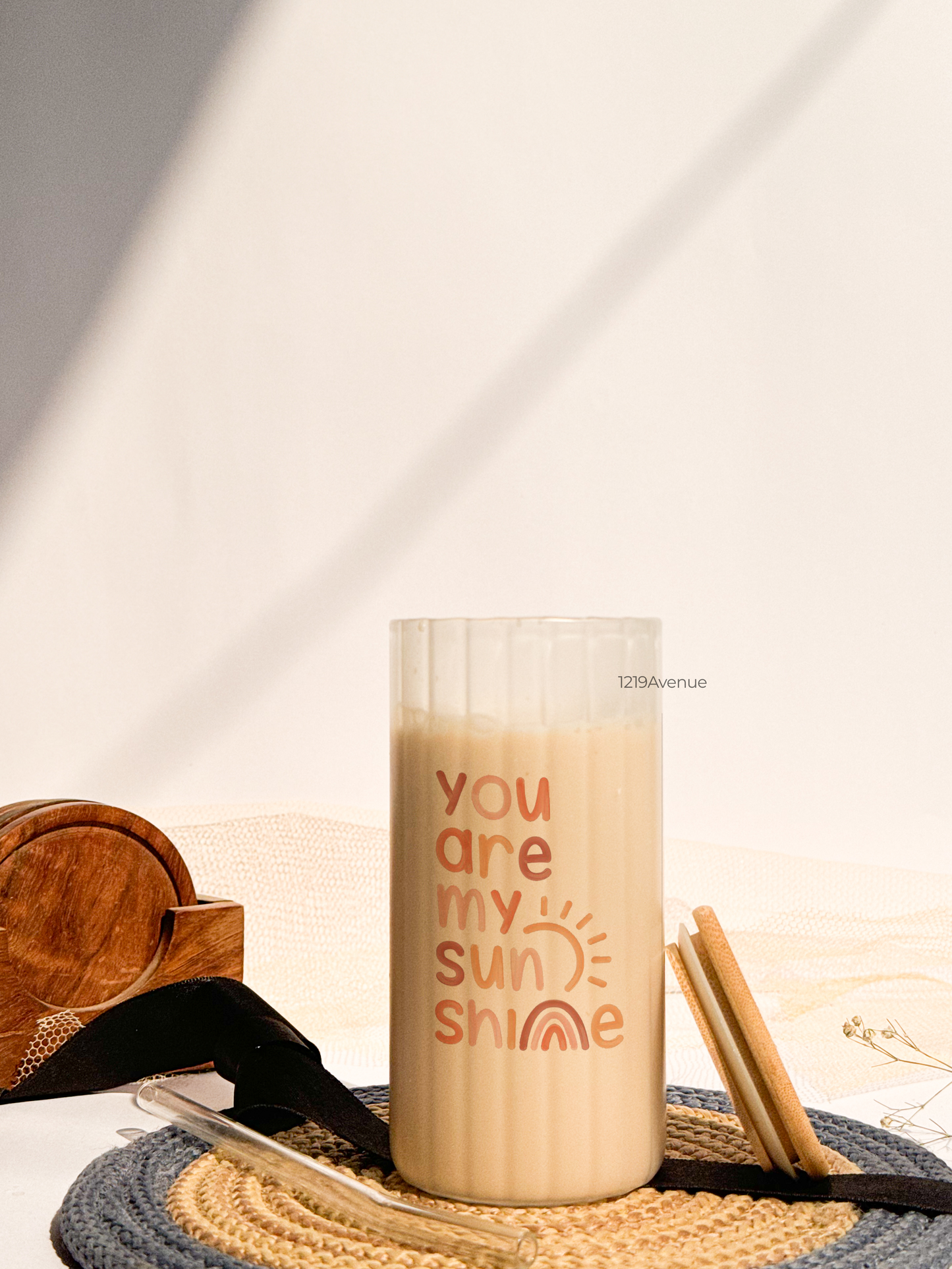 Frosted Ripple Taille Sipper 500ml| You Are My Sunshine  Print | 18oz Ripple Frosted Glass Tumbler with lid and straw