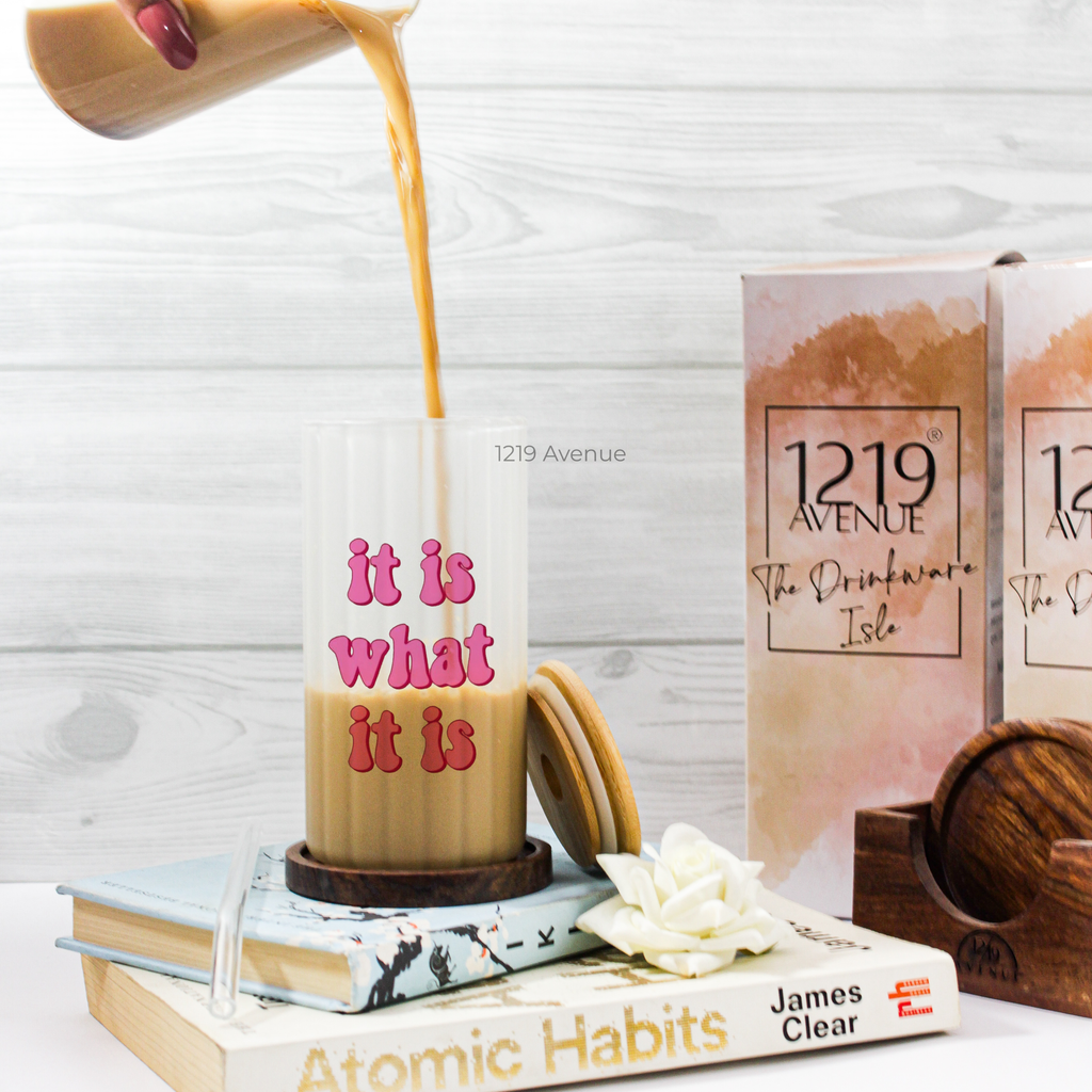 Frosted Ripple Taille Sipper 500ml| It is What It is | 18oz Ripple Frosted Glass Tumbler with lid and straw