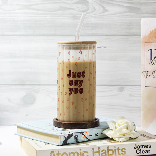 Frosted Ripple Taille Sipper 500ml| Say Yes | 18oz Ripple Frosted Glass Tumbler with lid and straw