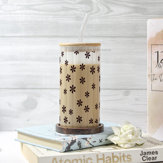 Frosted Ripple Taille Sipper 500ml| Floral Stamp | 18oz Ripple Frosted Glass Tumbler with lid and straw
