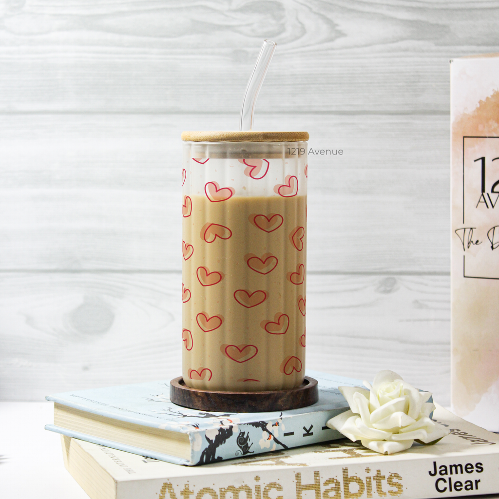 Frosted Ripple Taille Sipper 500ml| Hallu Hearts | 18oz Ripple Frosted Glass Tumbler with lid and straw