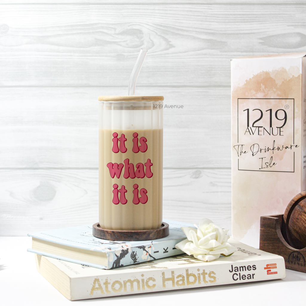 Frosted Ripple Taille Sipper 500ml| It is What It is | 18oz Ripple Frosted Glass Tumbler with lid and straw