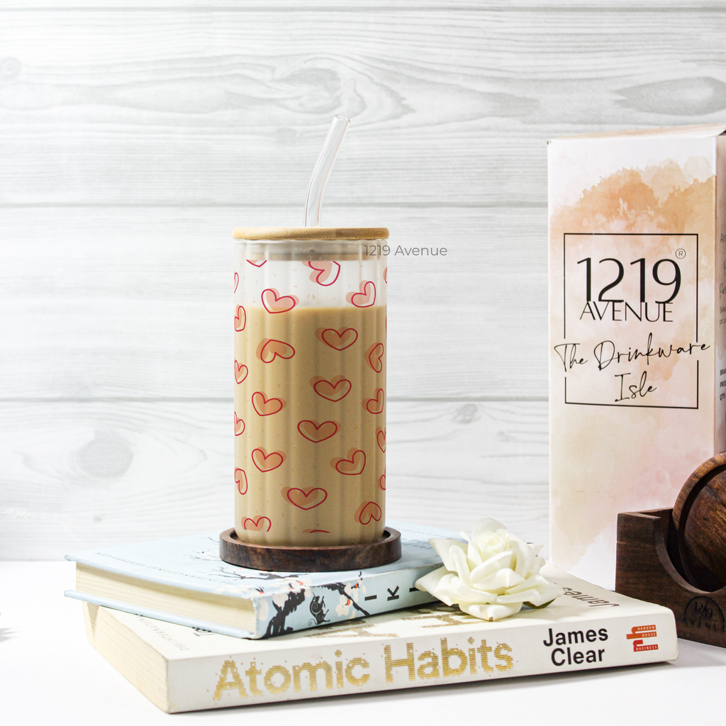 Frosted Ripple Taille Sipper 500ml| Hallu Hearts | 18oz Ripple Frosted Glass Tumbler with lid and straw