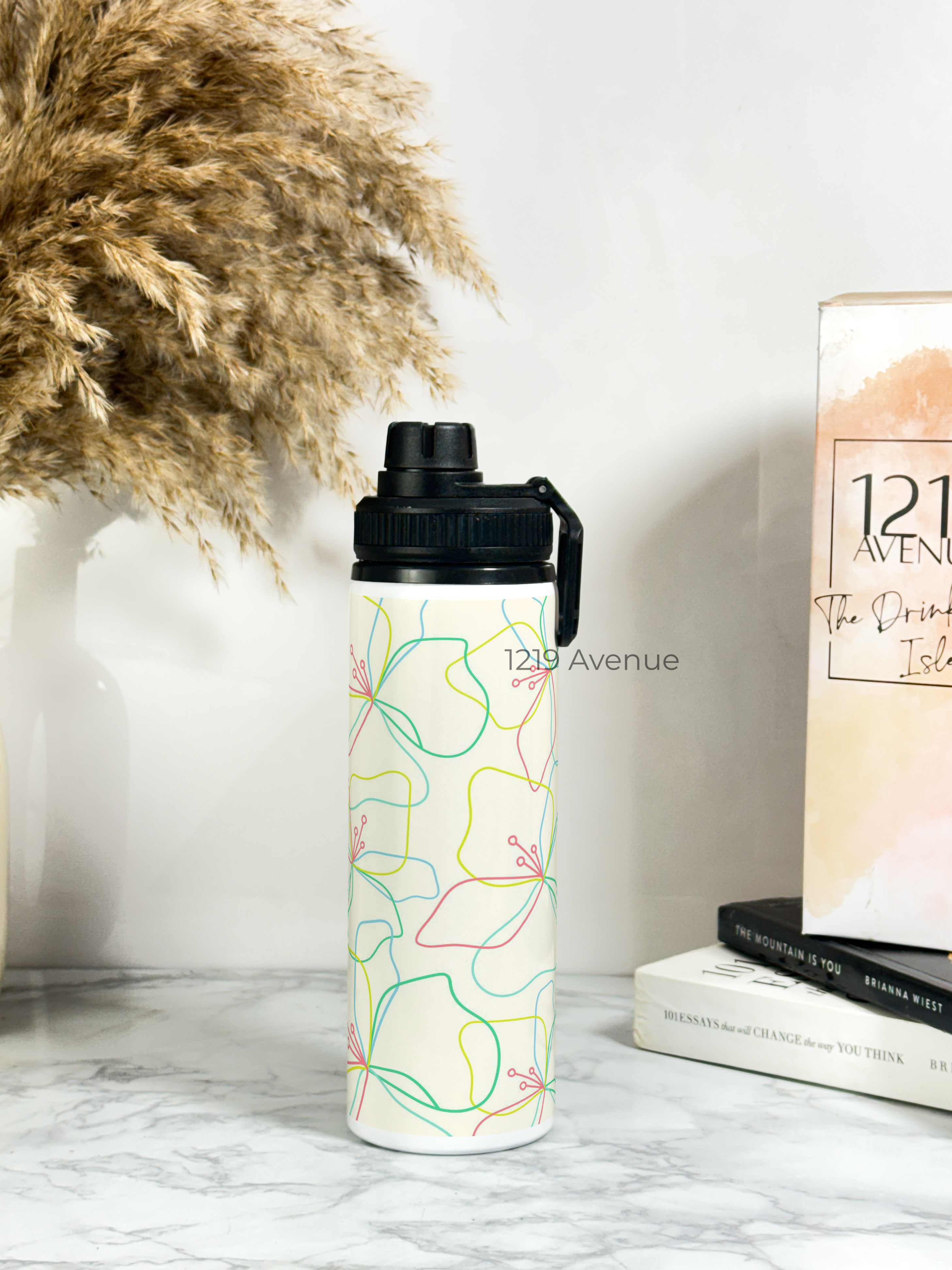 Tank-Sip Bottle 750ml | Flower Sketch Print | Leak Proof | Printed Bottle with Carry Hook, Durable & Stylish