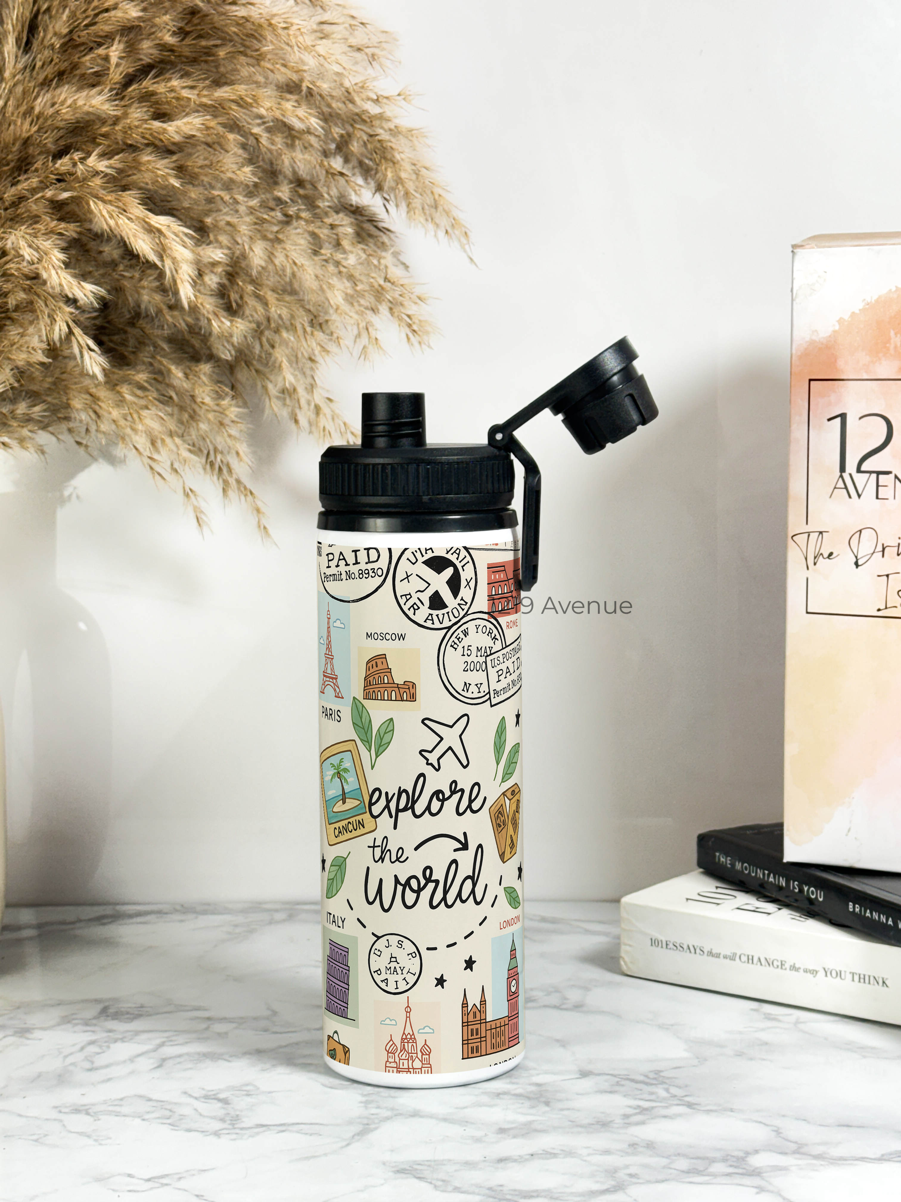 Tank-Sip Bottle 750ml | Wanderer Print | Leak Proof | Printed Bottle with Carry Hook, Durable & Stylish