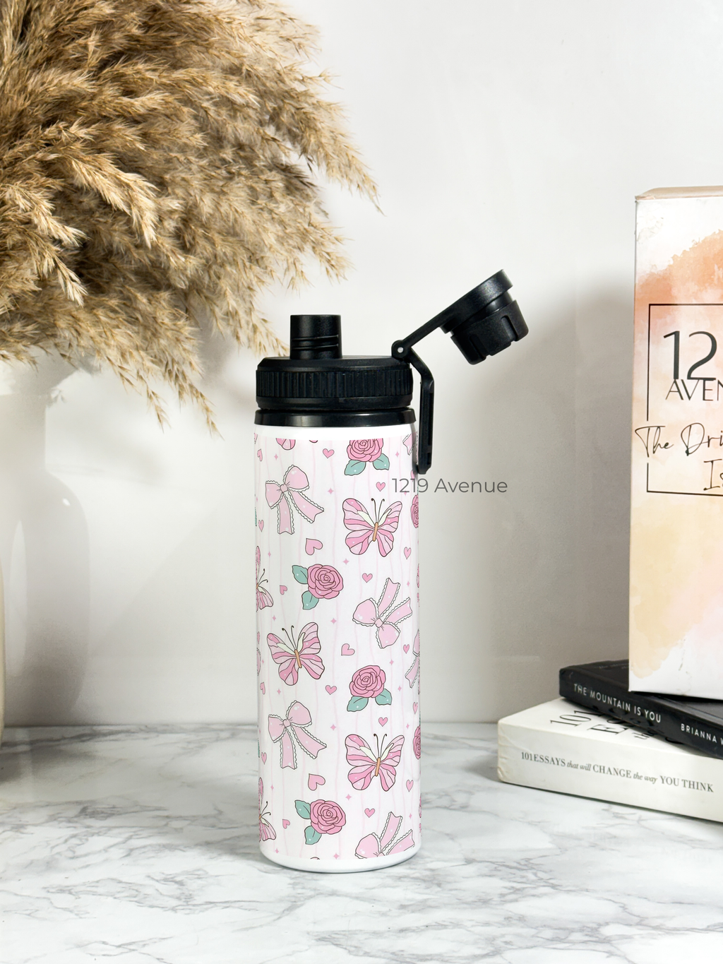 Tank-Sip Bottle 750ml | Rose Flutter Print | Leak Proof | Printed Bottle with Carry Hook, Durable & Stylish