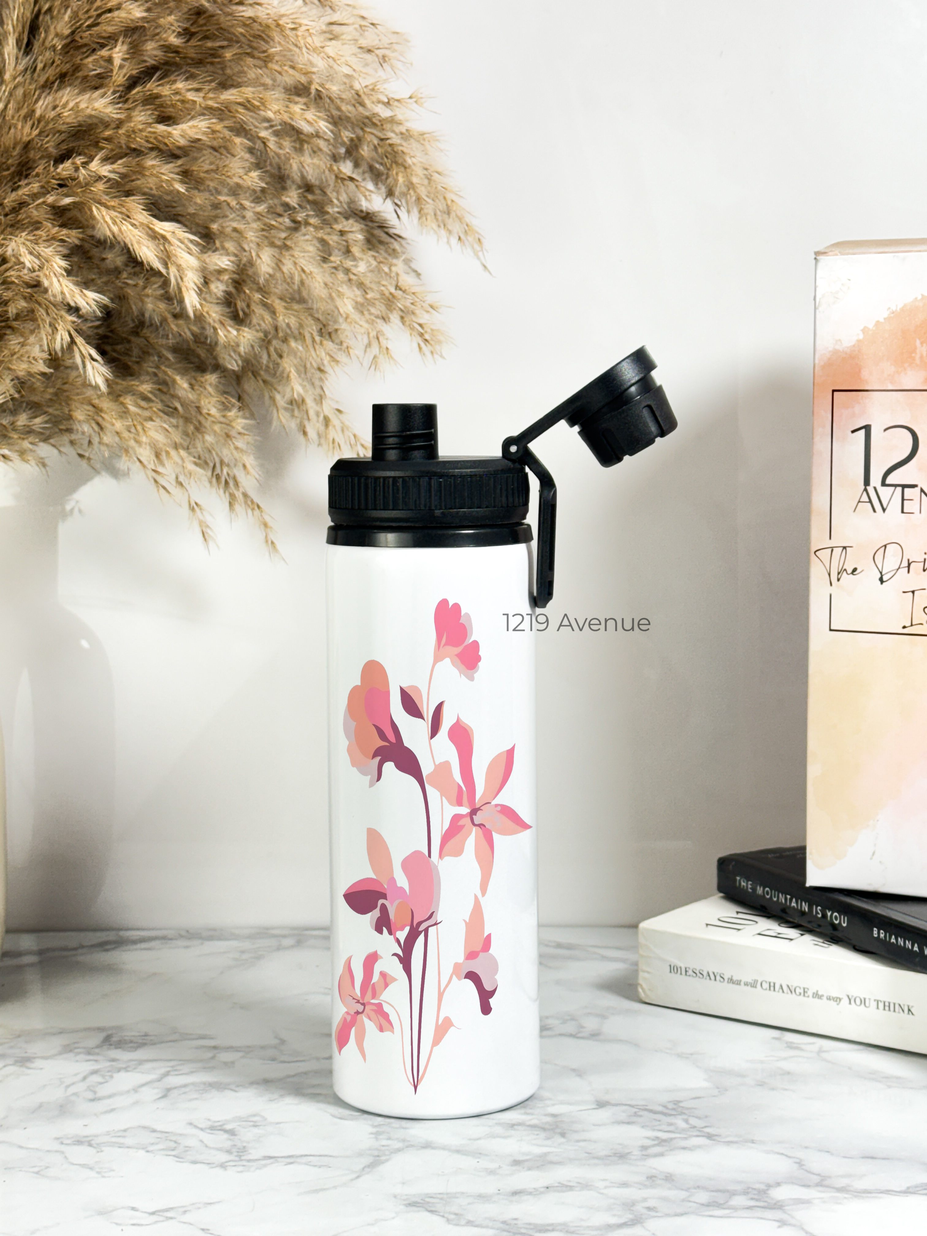 Tank-Sip Bottle 750ml | Minimal Flower Print | Leak Proof | Printed Bottle with Carry Hook, Durable & Stylish
