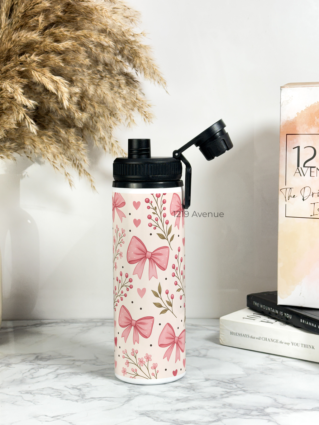 Tank-Sip Bottle 750ml | Bows Blossom Print | Leak Proof | Printed Bottle with Carry Hook, Durable & Stylish