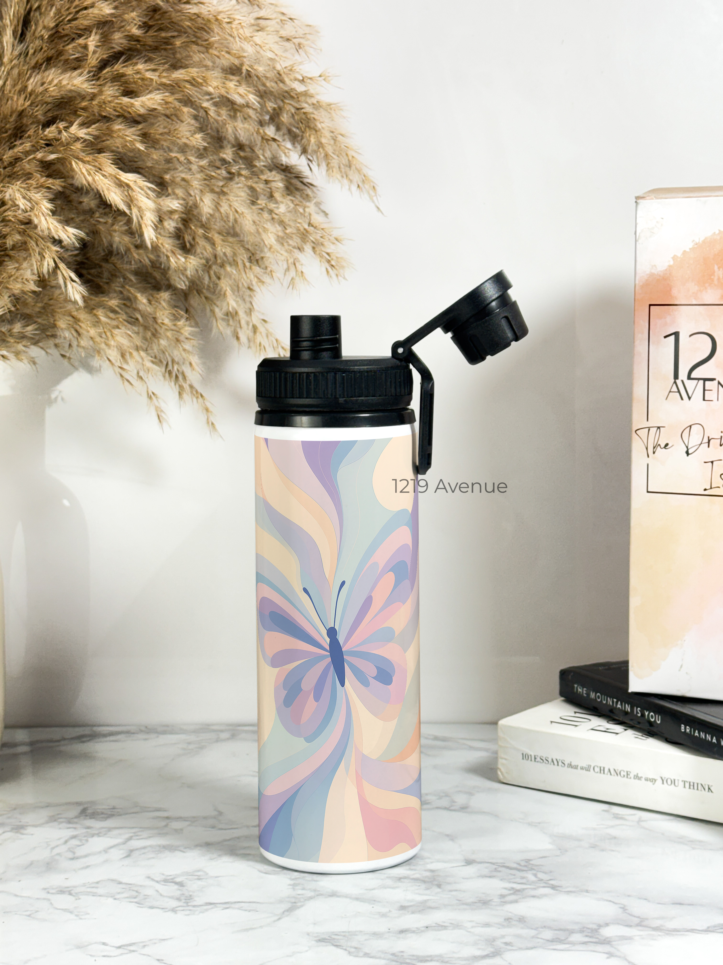 Tank-Sip Bottle 750ml |Butterfly Aura Print | Leak Proof | Printed Bottle with Carry Hook, Durable & Stylish