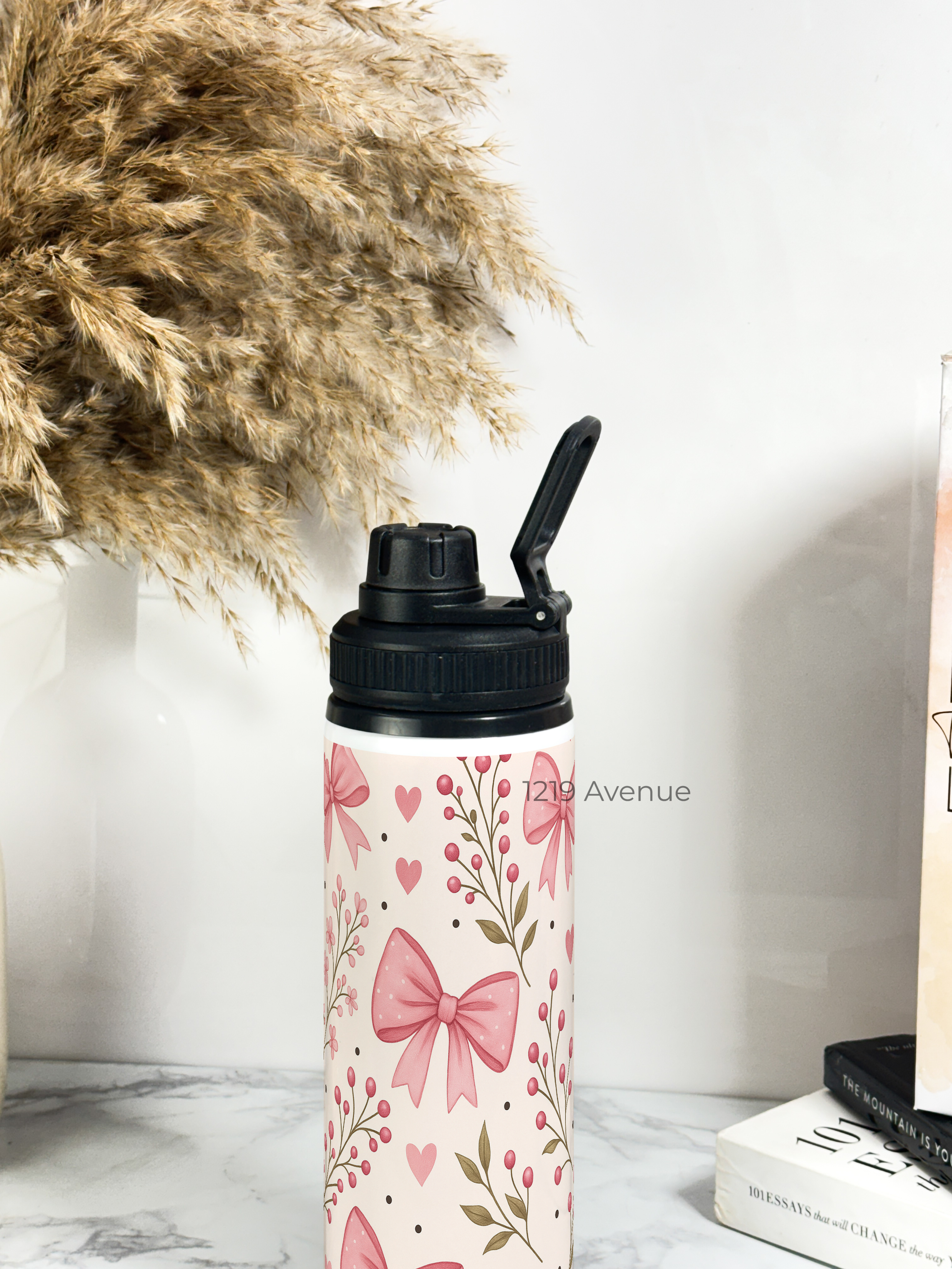 Tank-Sip Bottle 750ml | Bows Blossom Print | Leak Proof | Printed Bottle with Carry Hook, Durable & Stylish