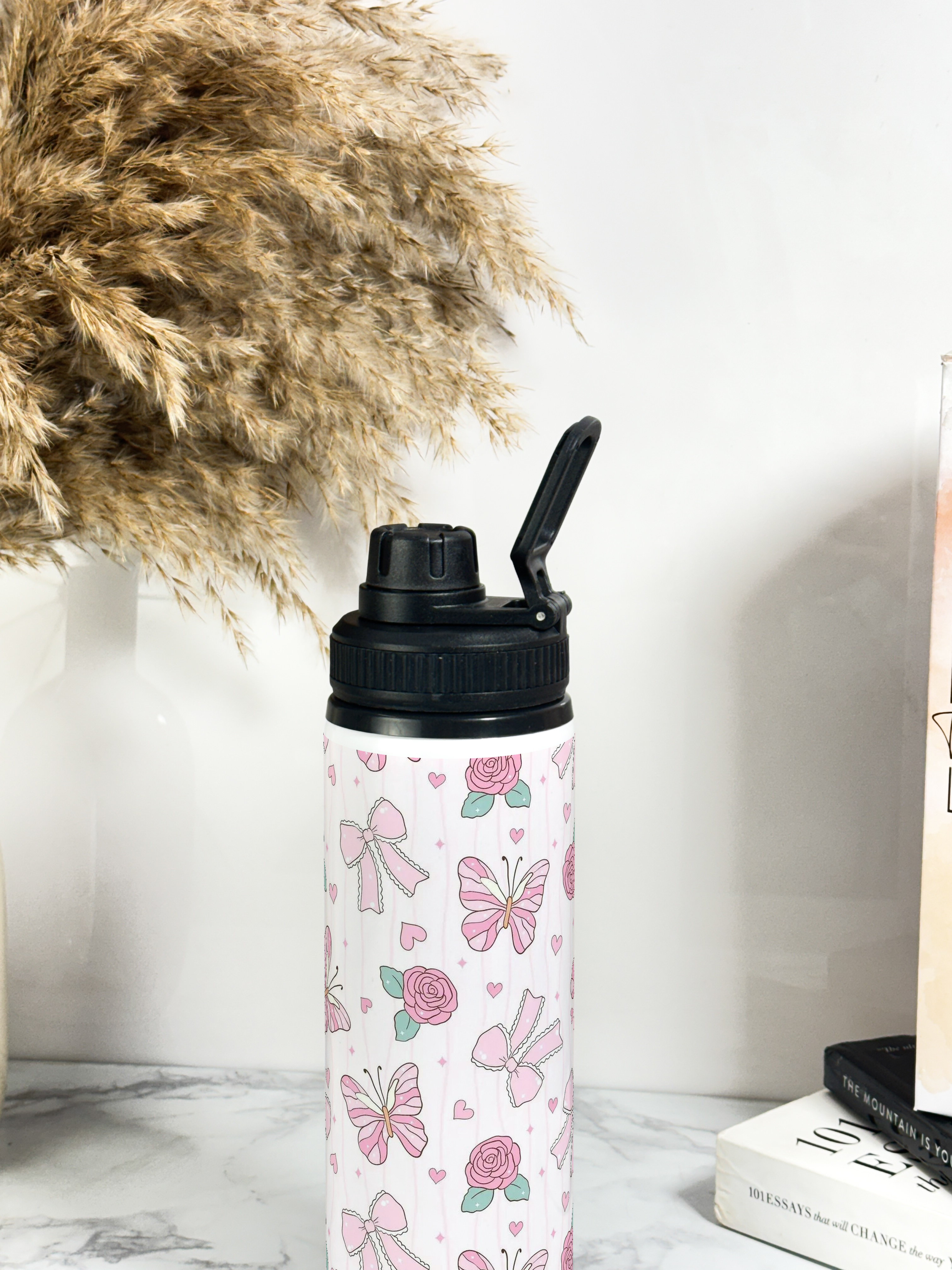 Tank-Sip Bottle 750ml | Rose Flutter Print | Leak Proof | Printed Bottle with Carry Hook, Durable & Stylish