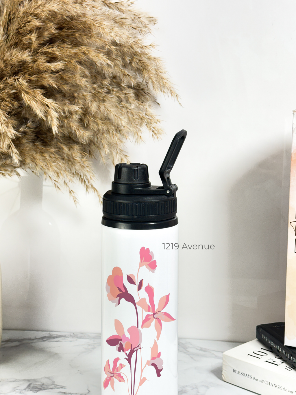 Tank-Sip Bottle 750ml | Minimal Flower Print | Leak Proof | Printed Bottle with Carry Hook, Durable & Stylish