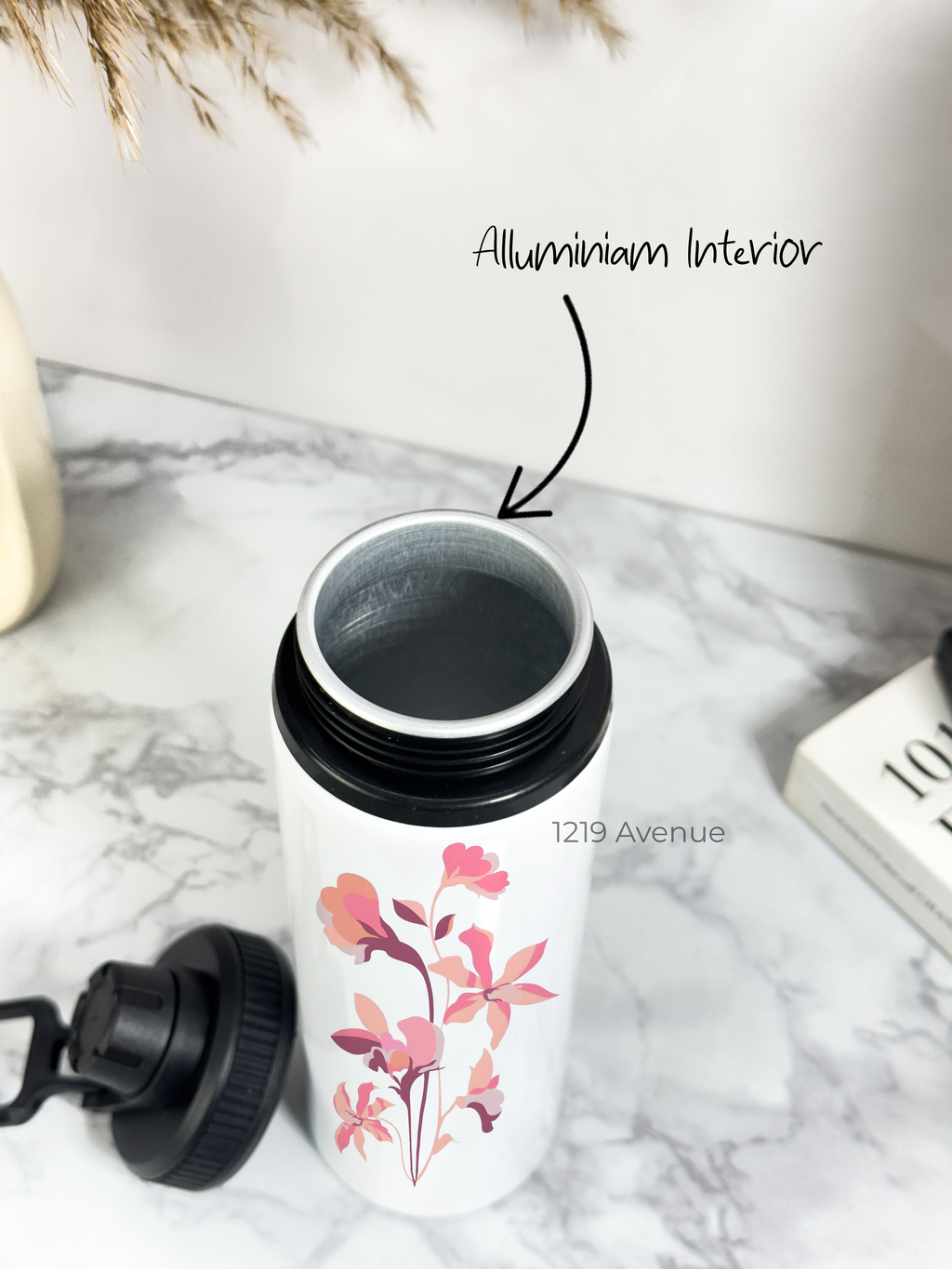 Tank-Sip Bottle 750ml | Minimal Flower Print | Leak Proof | Printed Bottle with Carry Hook, Durable & Stylish