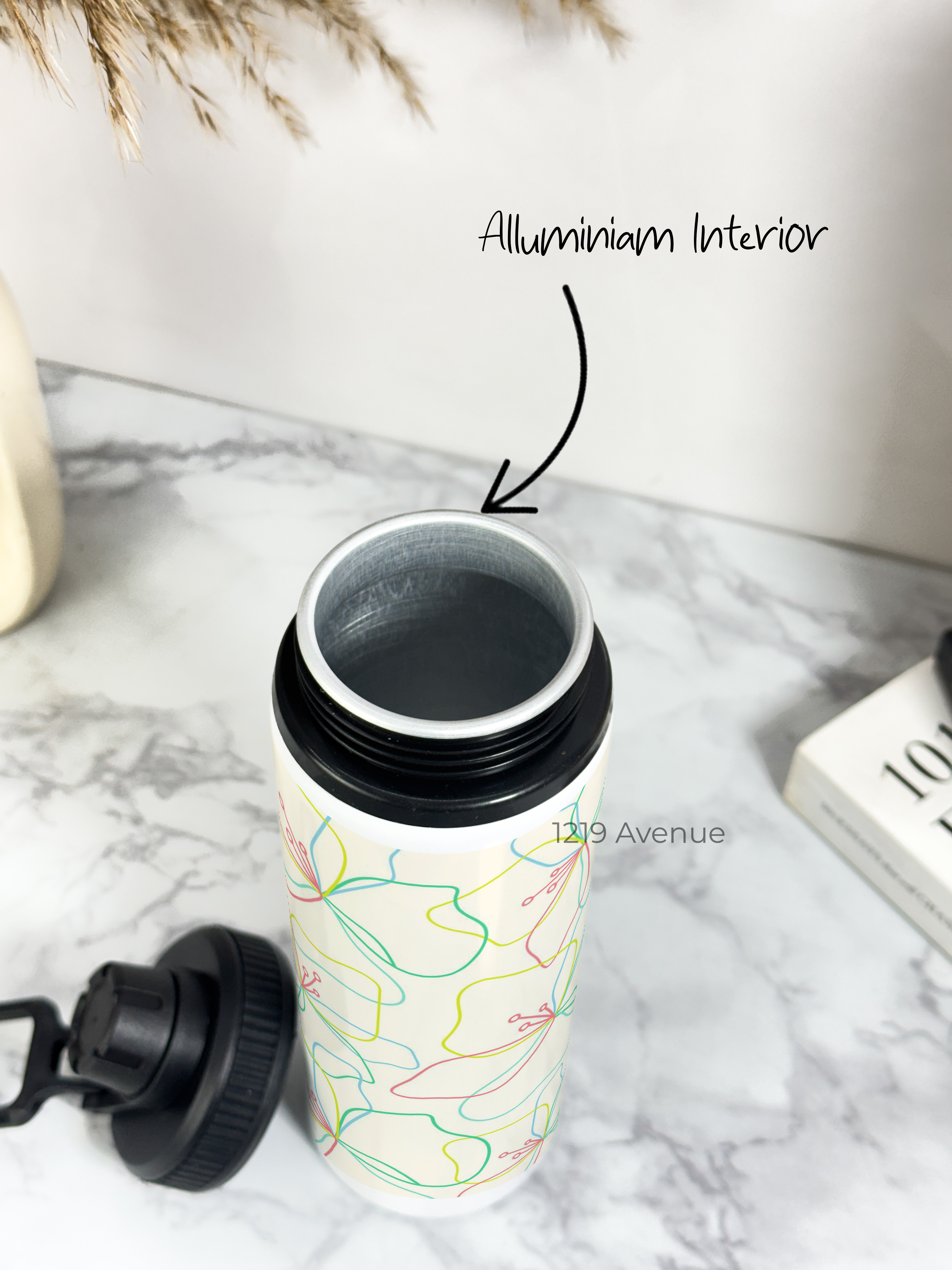 Tank-Sip Bottle 750ml | Flower Sketch Print | Leak Proof | Printed Bottle with Carry Hook, Durable & Stylish