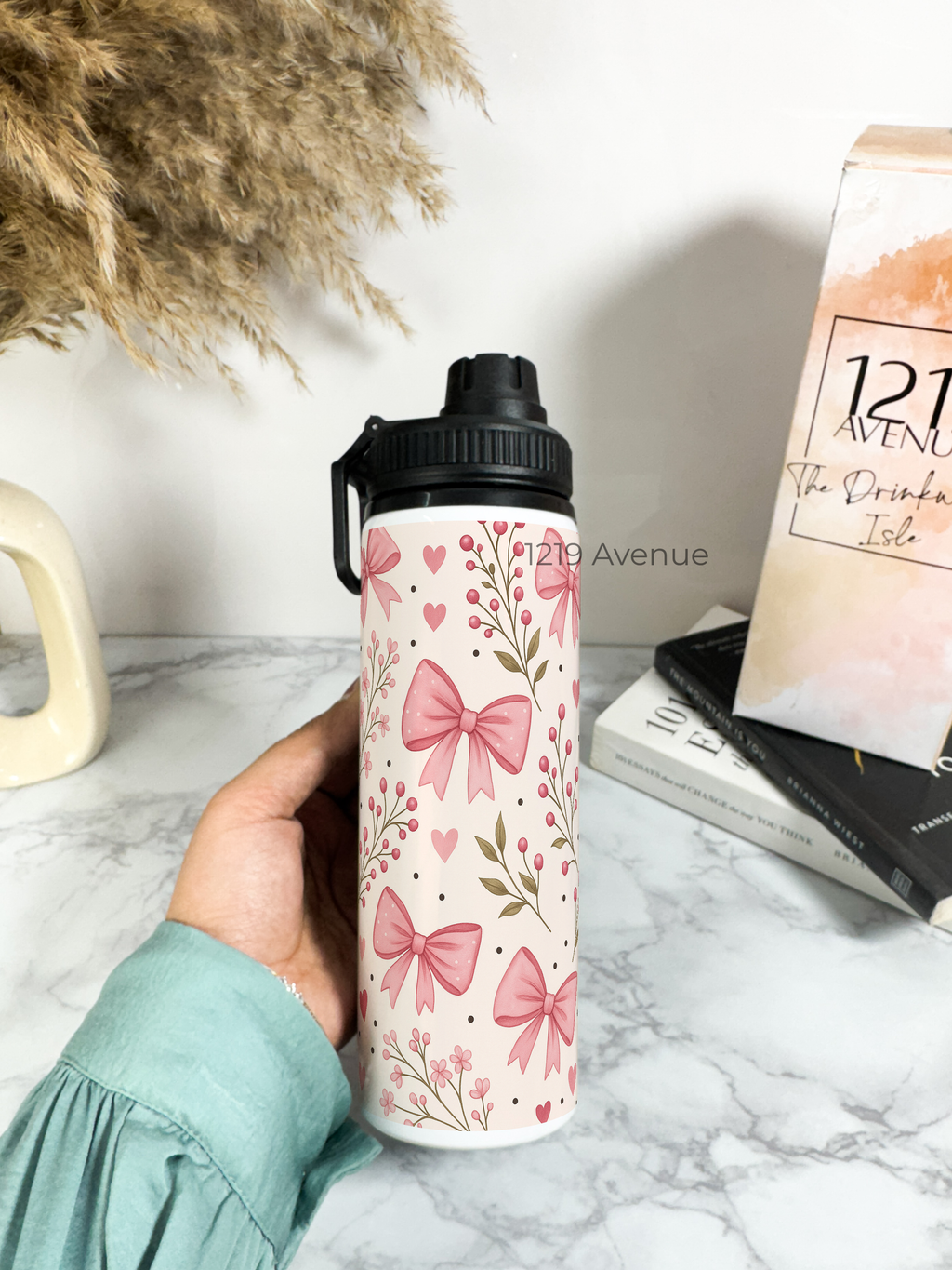 Tank-Sip Bottle 750ml | Bows Blossom Print | Leak Proof | Printed Bottle with Carry Hook, Durable & Stylish