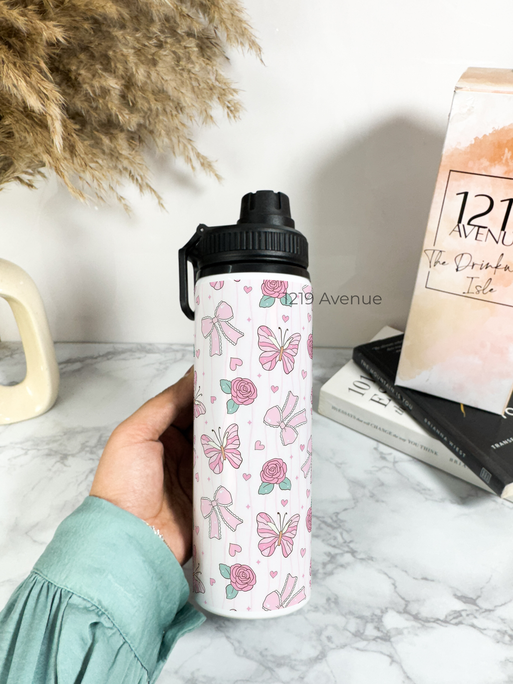 Tank-Sip Bottle 750ml | Rose Flutter Print | Leak Proof | Printed Bottle with Carry Hook, Durable & Stylish