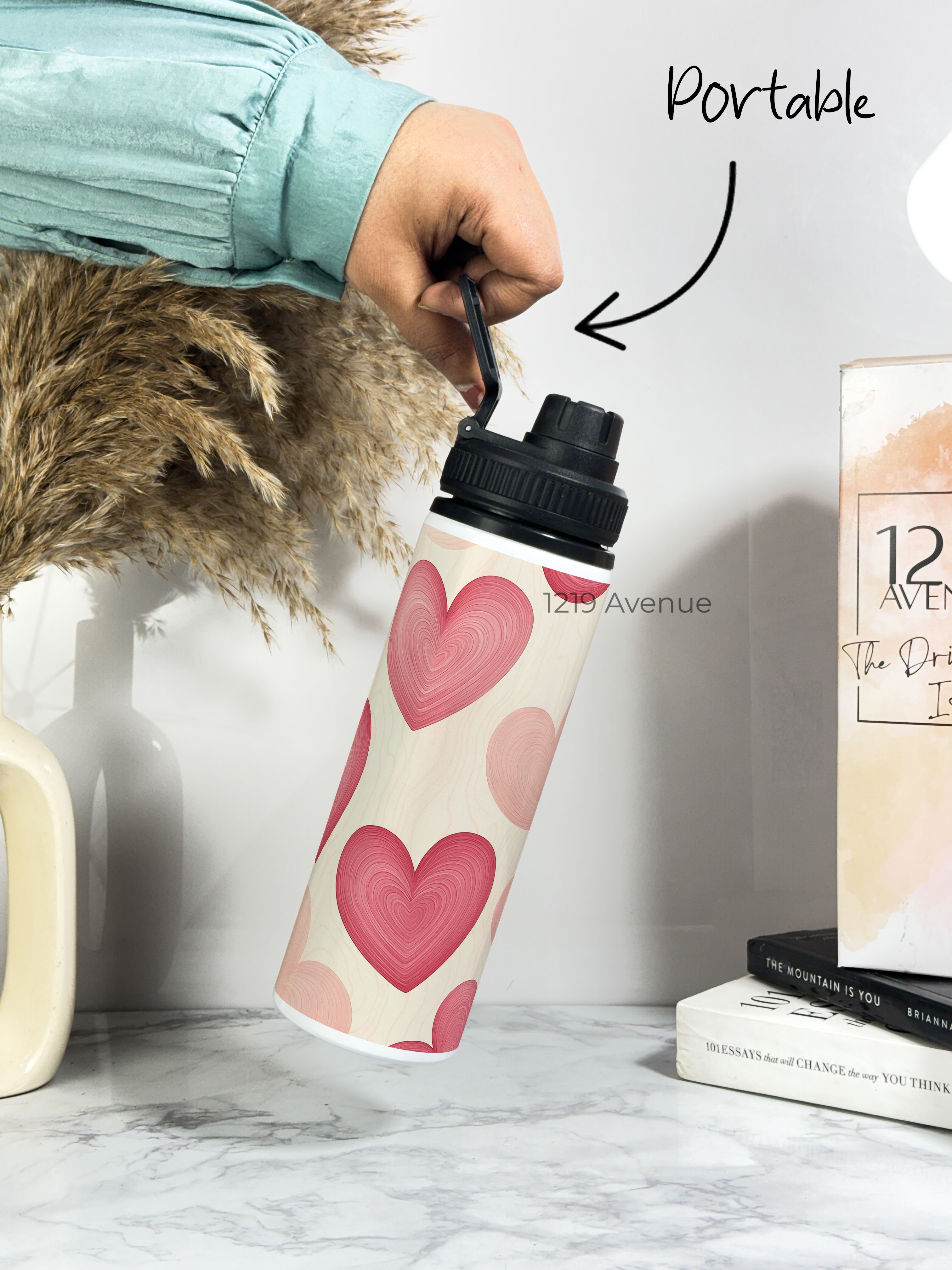 Tank-Sip Bottle 750ml | Candy Hearts Print | Leak Proof | Printed Bottle with Carry Hook, Durable & Stylish