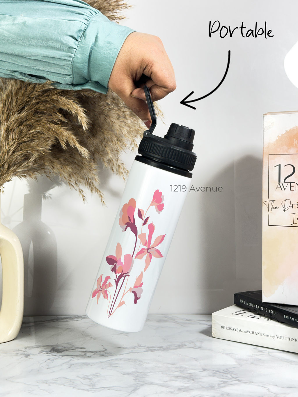 Tank-Sip Bottle 750ml | Minimal Flower Print | Leak Proof | Printed Bottle with Carry Hook, Durable & Stylish