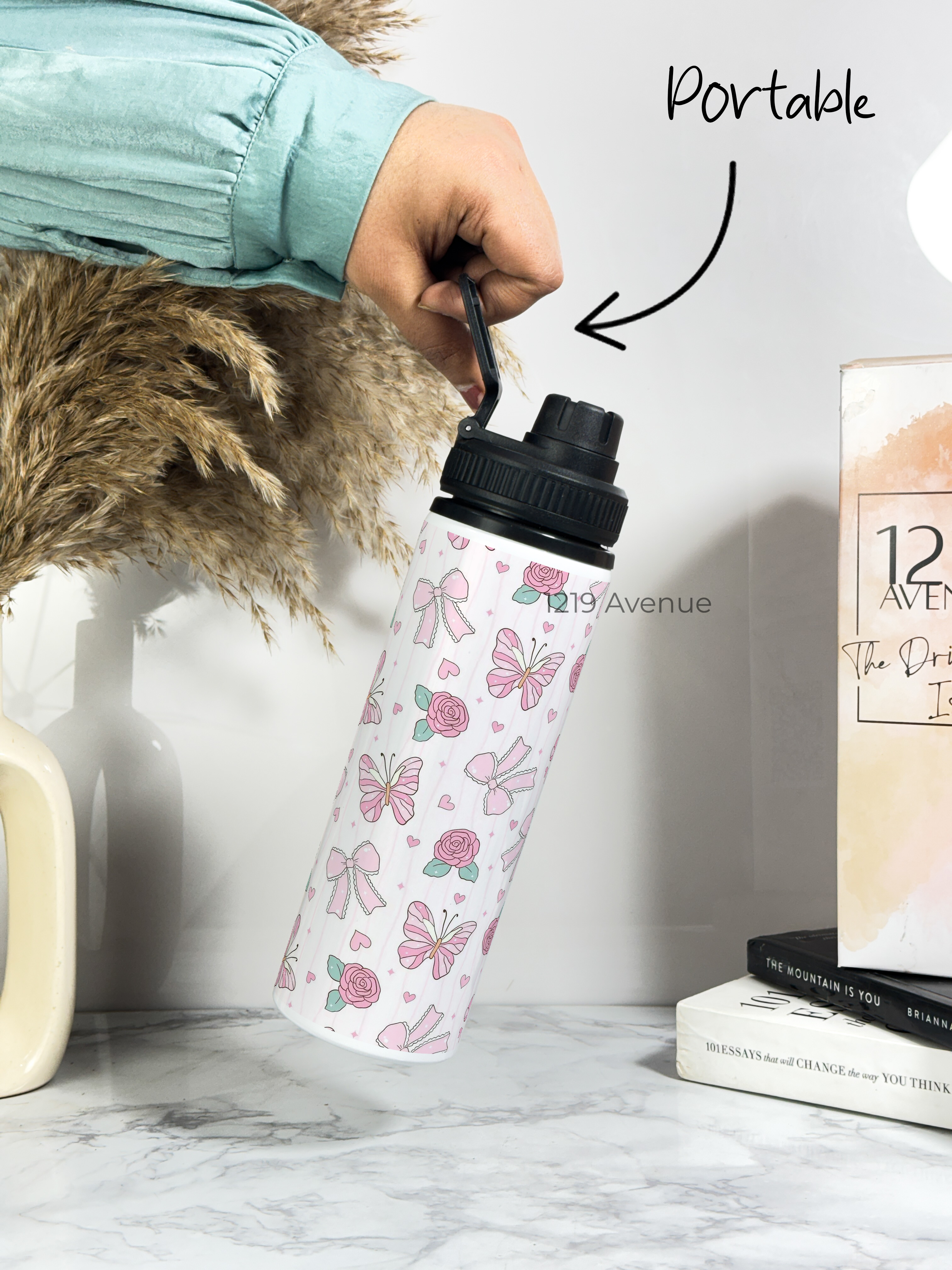 Tank-Sip Bottle 750ml | Rose Flutter Print | Leak Proof | Printed Bottle with Carry Hook, Durable & Stylish