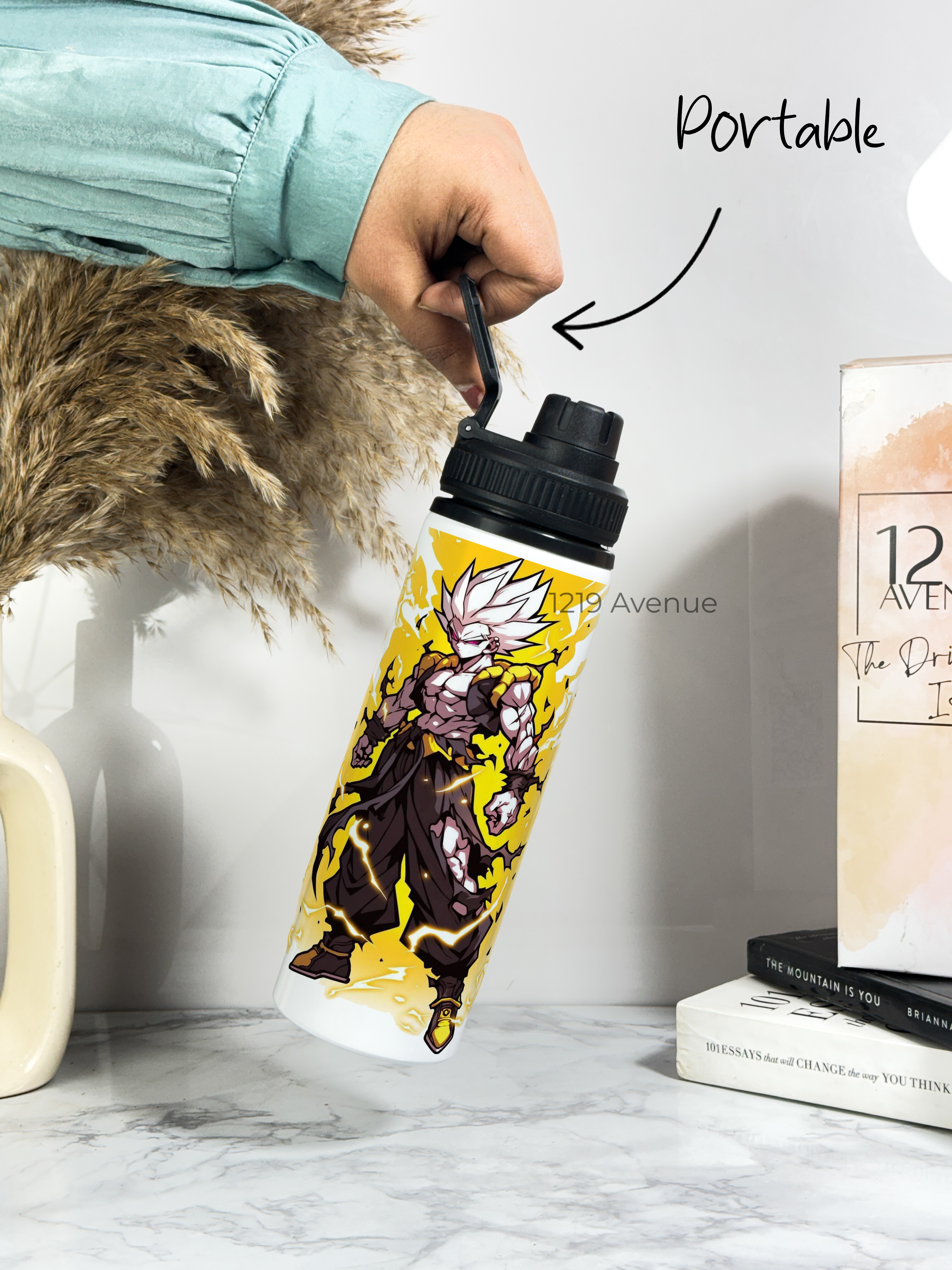Tank-Sip Bottle 750ml | Power-Up Goku Print | Leak Proof | Printed Bottle with Carry Hook, Durable & Stylish