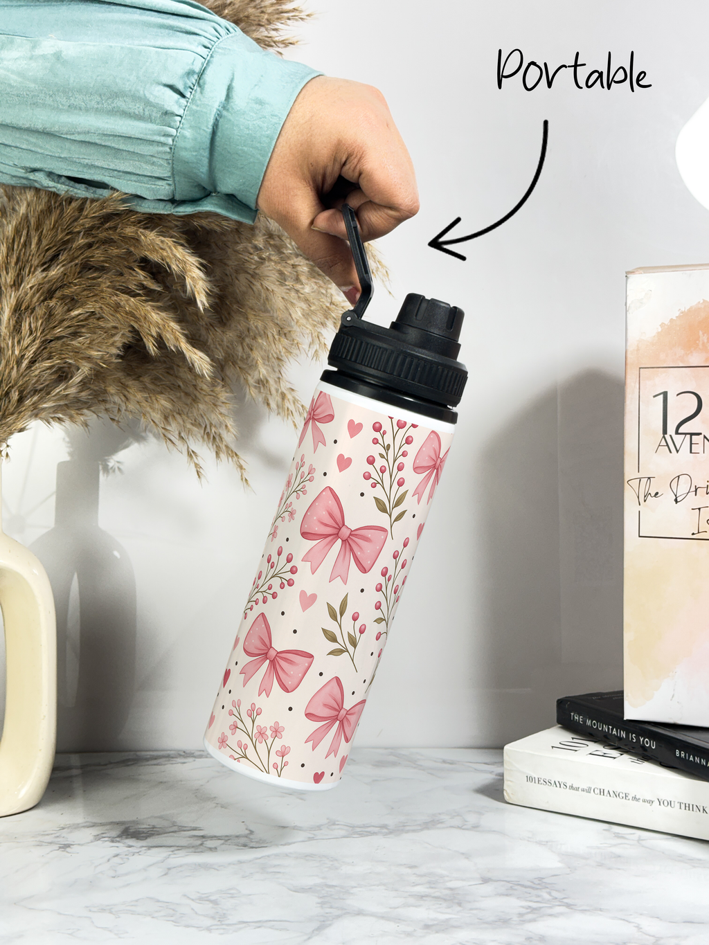 Tank-Sip Bottle 750ml | Bows Blossom Print | Leak Proof | Printed Bottle with Carry Hook, Durable & Stylish