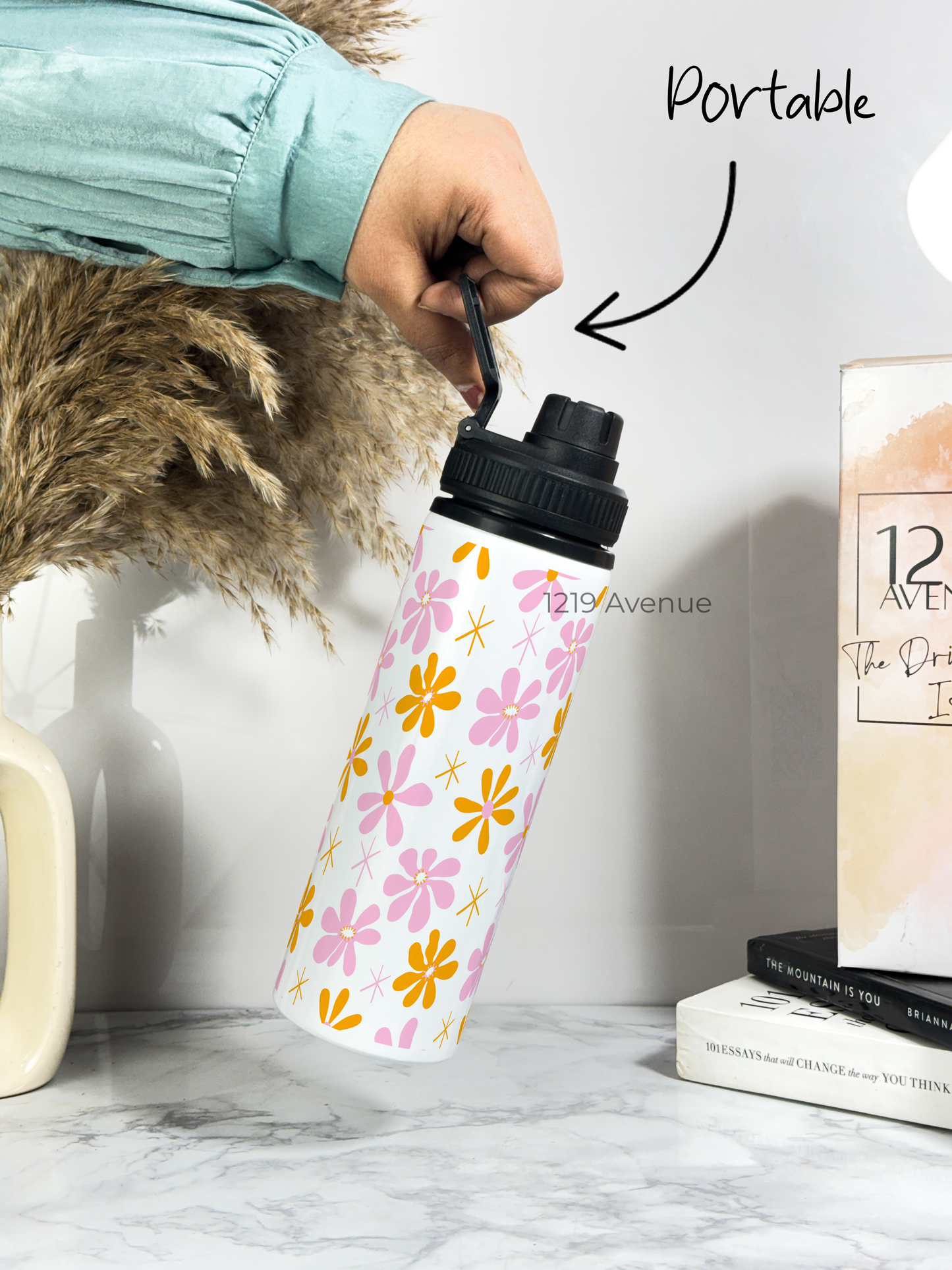 700ml Printed TANK-Sip Water Bottle | Dreamy Flower Valley Print | For Office, School, Sports | Sipper Bottle with Carry Hook, Durable & Stylish