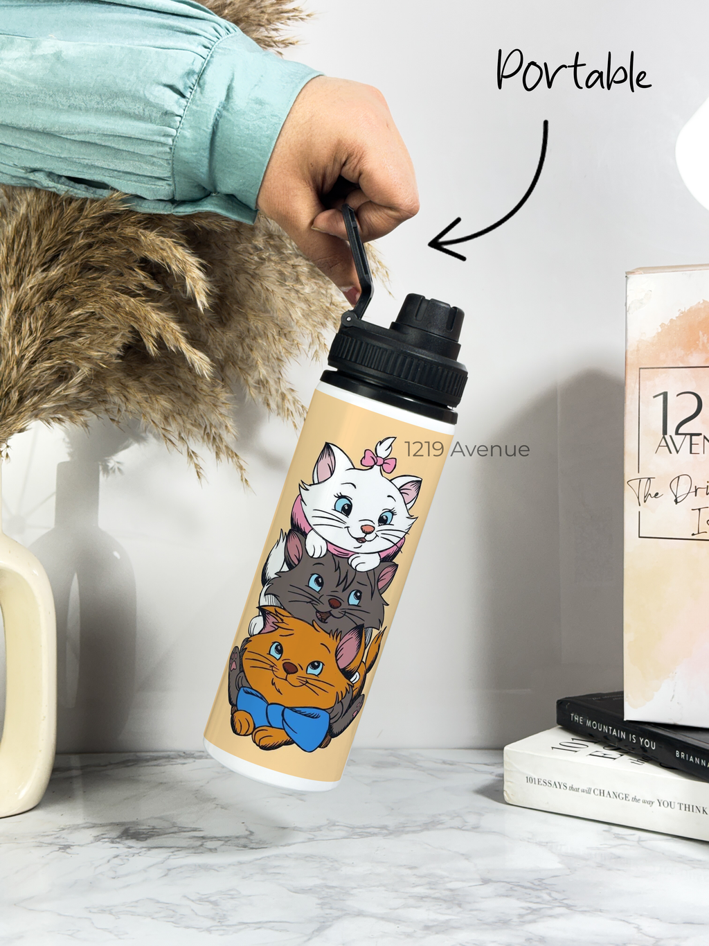 Tank-Sip Bottle 750ml | Cat Love Print | Leak Proof | Printed Bottle with Carry Hook, Durable & Stylish