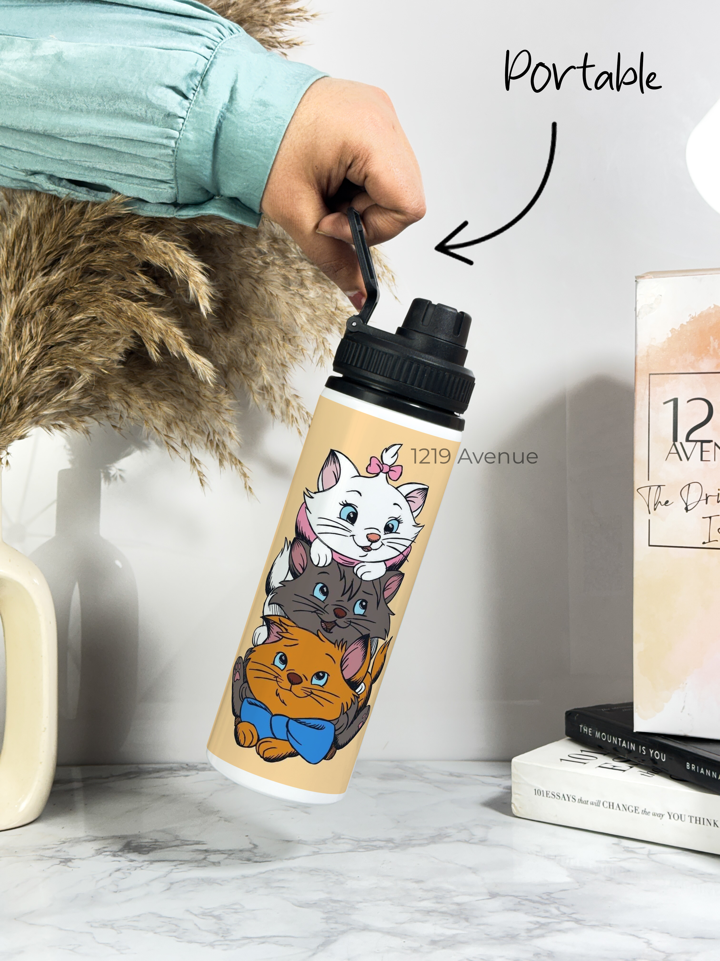 Tank-Sip Bottle 750ml | Cat Love Print | Leak Proof | Printed Bottle with Carry Hook, Durable & Stylish