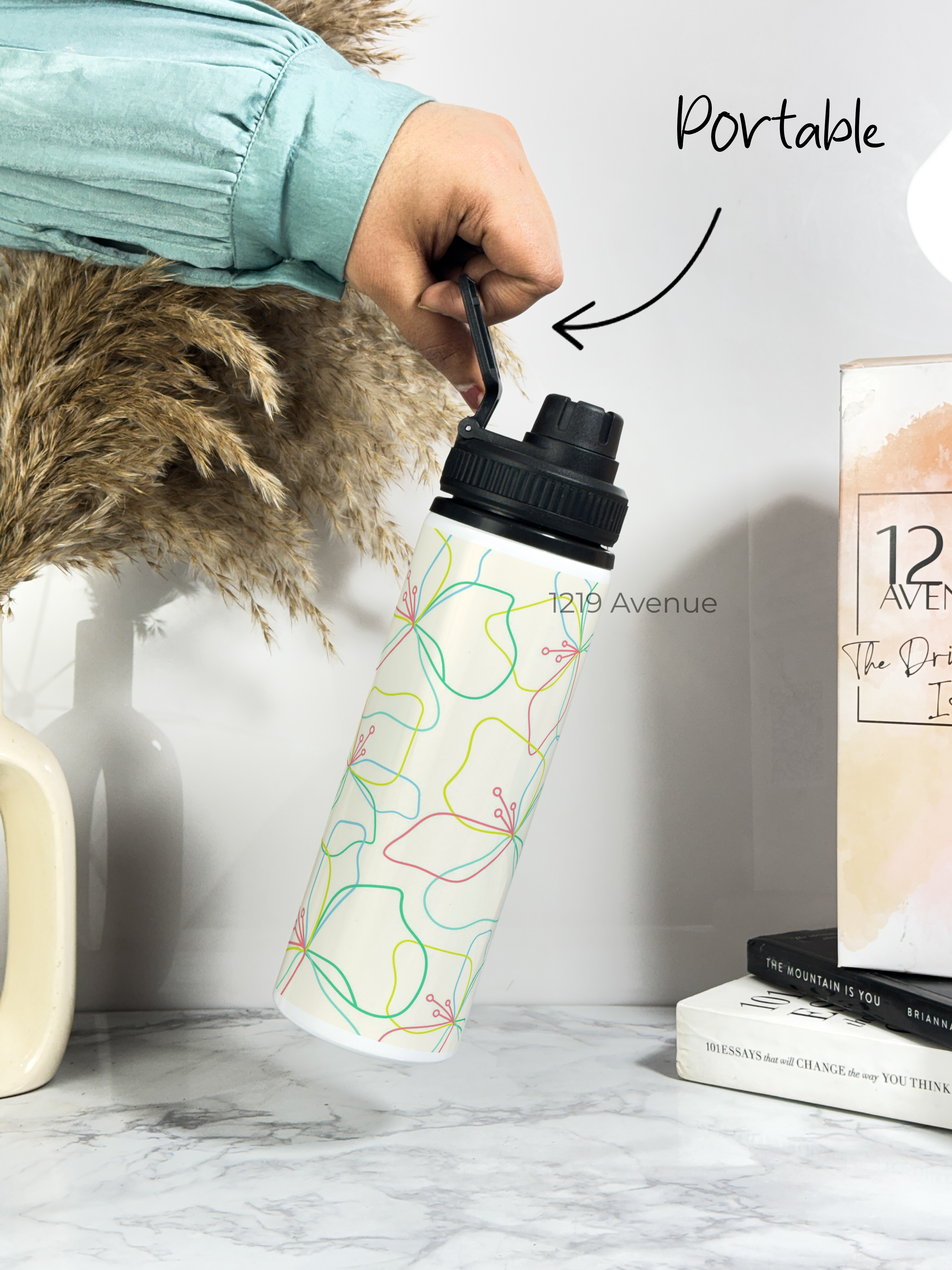 Tank-Sip Bottle 750ml | Flower Sketch Print | Leak Proof | Printed Bottle with Carry Hook, Durable & Stylish