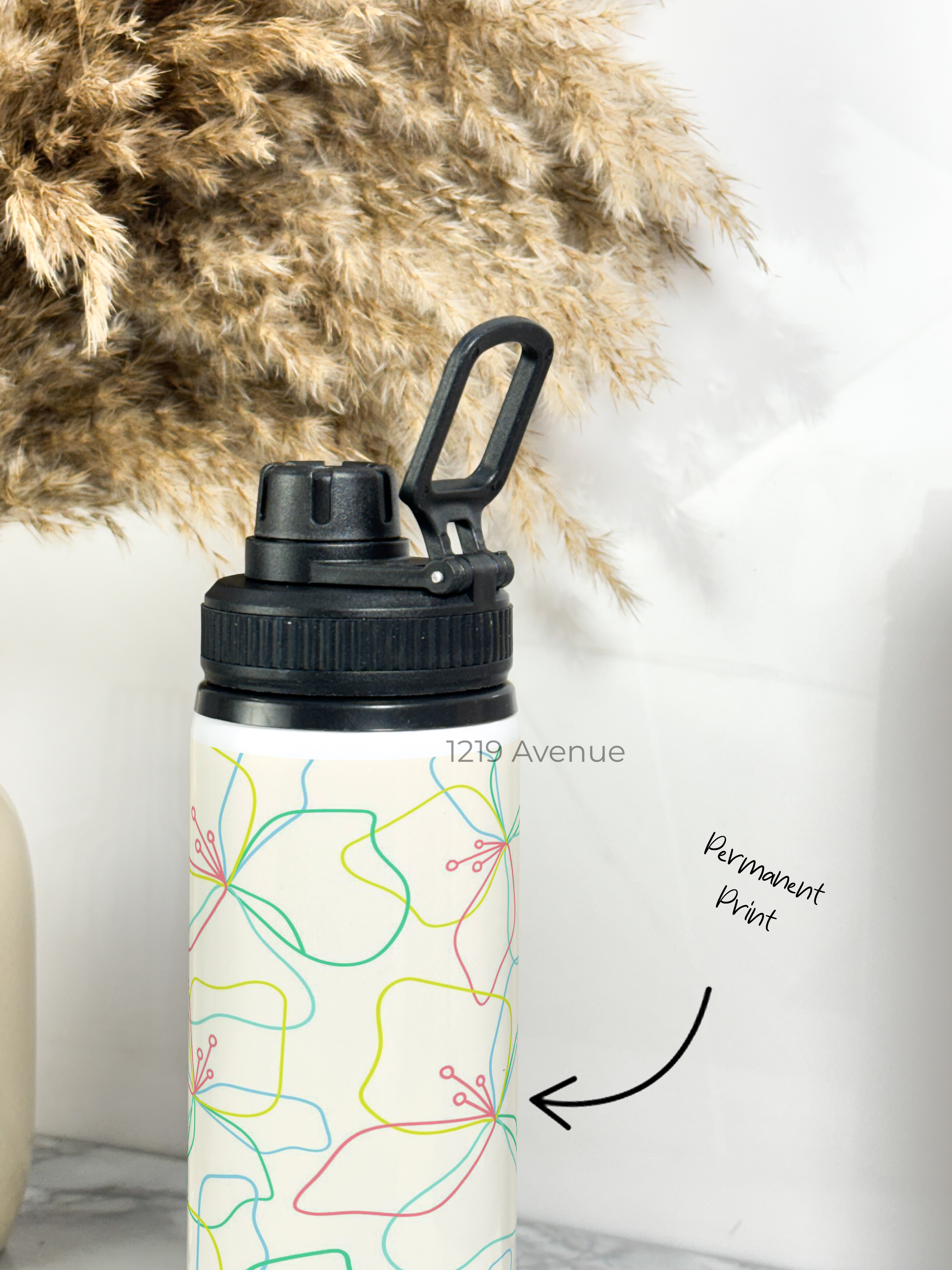 Tank-Sip Bottle 750ml | Flower Sketch Print | Leak Proof | Printed Bottle with Carry Hook, Durable & Stylish