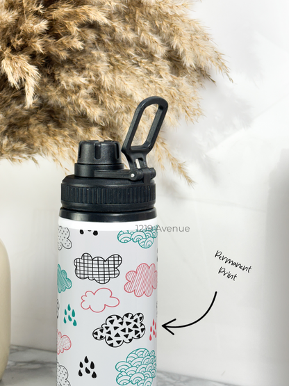 700ml Printed TANK-Sip Water Bottle | Clouds Sketch Print | For Office, School, Sports | Sipper Bottle with Carry Hook, Durable & Stylish
