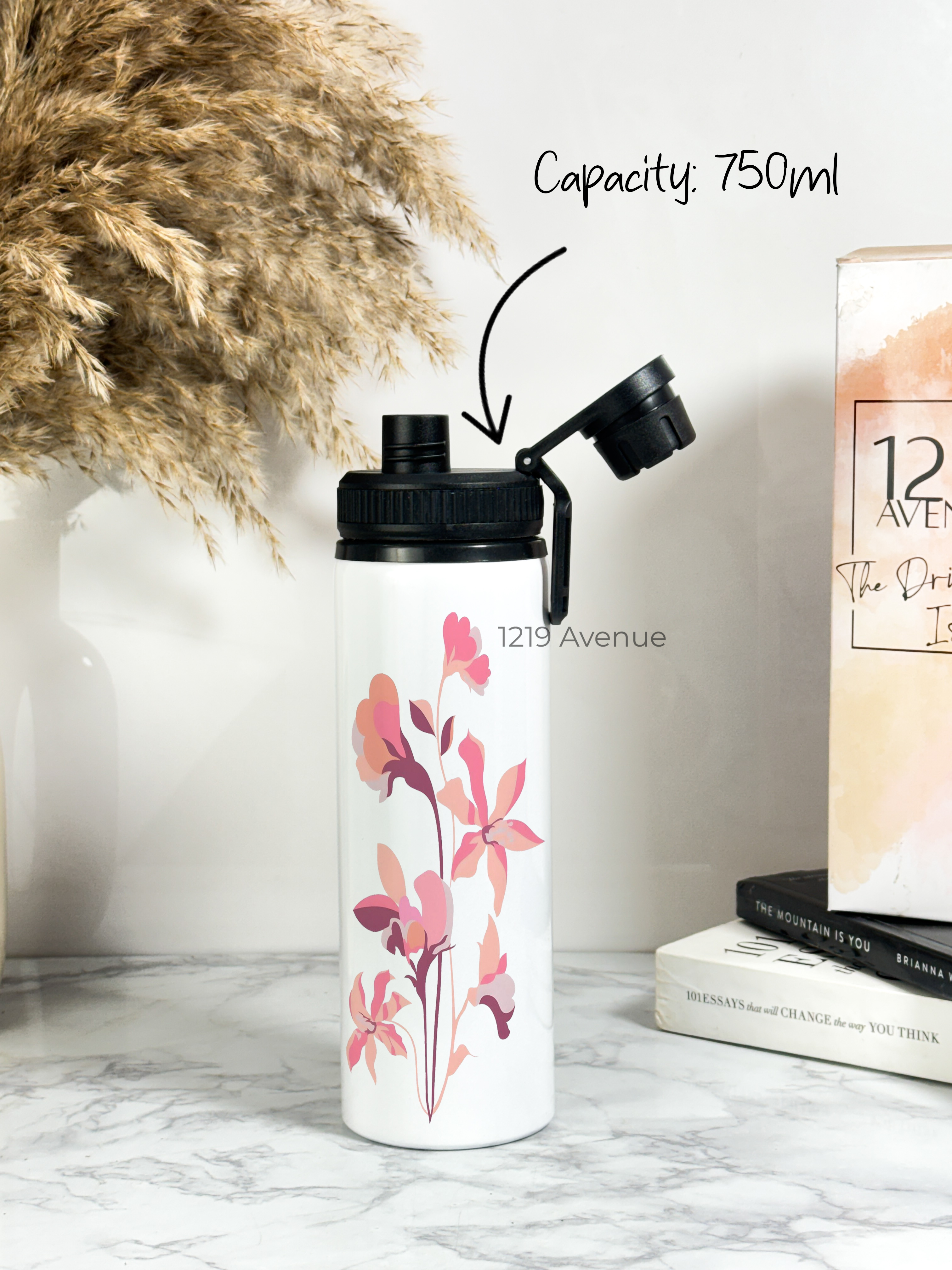 Tank-Sip Bottle 750ml | Minimal Flower Print | Leak Proof | Printed Bottle with Carry Hook, Durable & Stylish