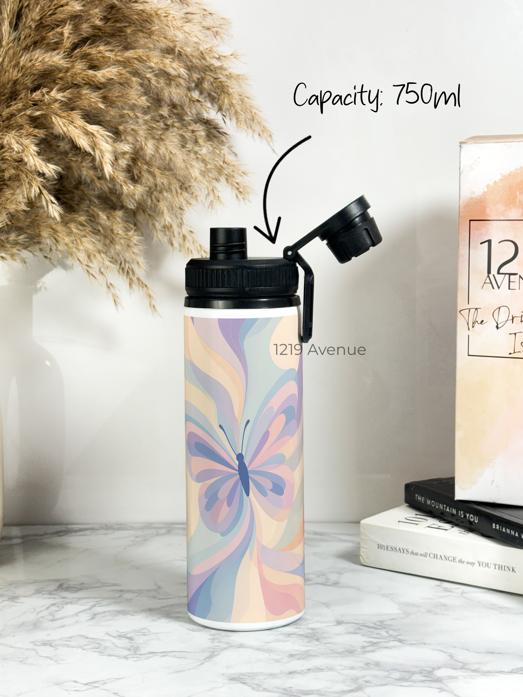 Tank-Sip Bottle 750ml |Butterfly Aura Print | Leak Proof | Printed Bottle with Carry Hook, Durable & Stylish
