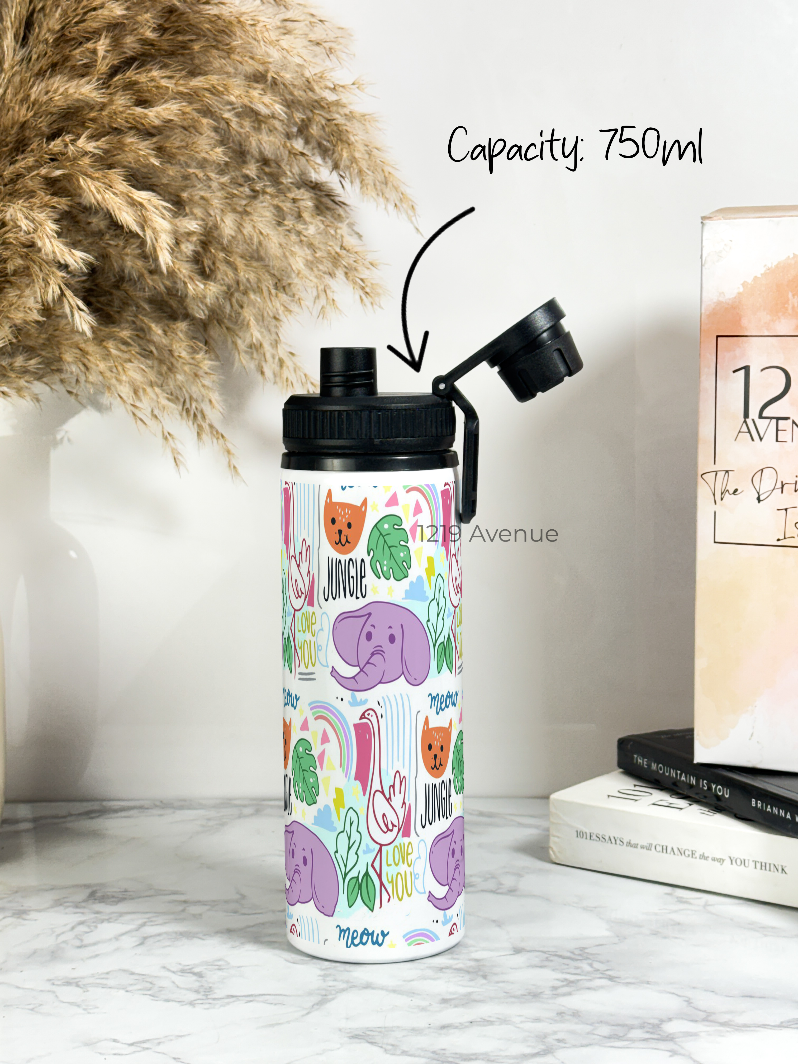Tank-Sip Bottle 750ml | Jungle Safari Print | Leak Proof | Printed Bottle with Carry Hook, Durable & Stylish