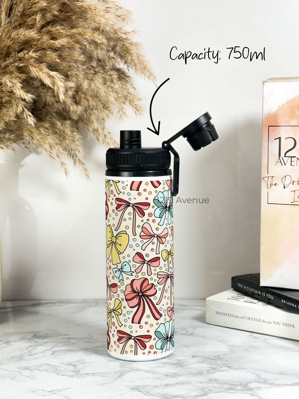 Tank-Sip Bottle 750ml | Bows Beauty Print | Leak Proof | Printed Bottle with Carry Hook, Durable & Stylish