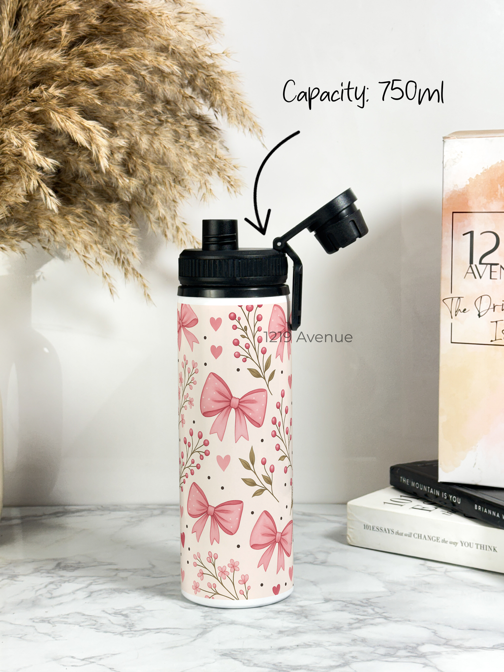 Tank-Sip Bottle 750ml | Bows Blossom Print | Leak Proof | Printed Bottle with Carry Hook, Durable & Stylish