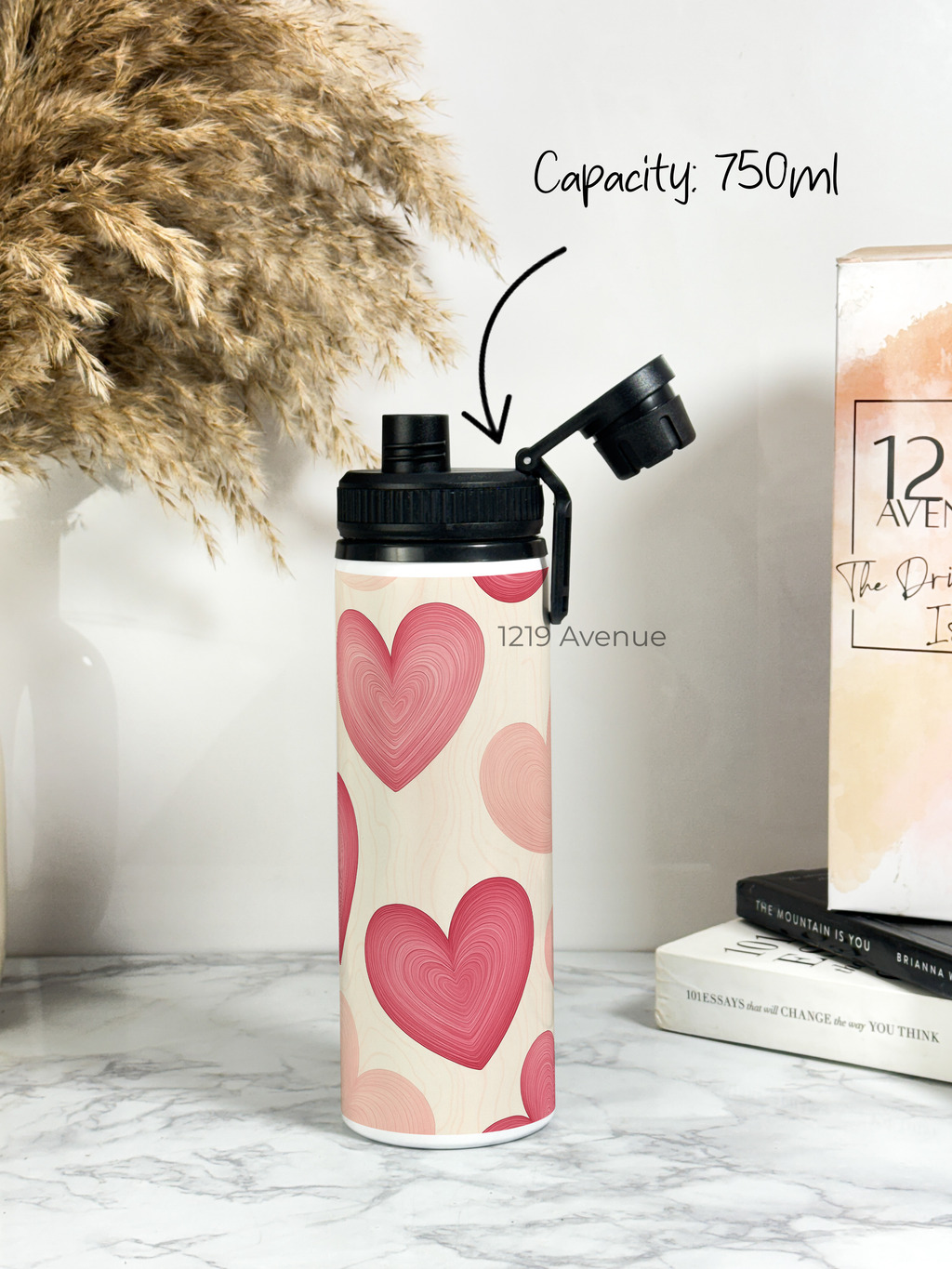 Tank-Sip Bottle 750ml | Candy Hearts Print | Leak Proof | Printed Bottle with Carry Hook, Durable & Stylish