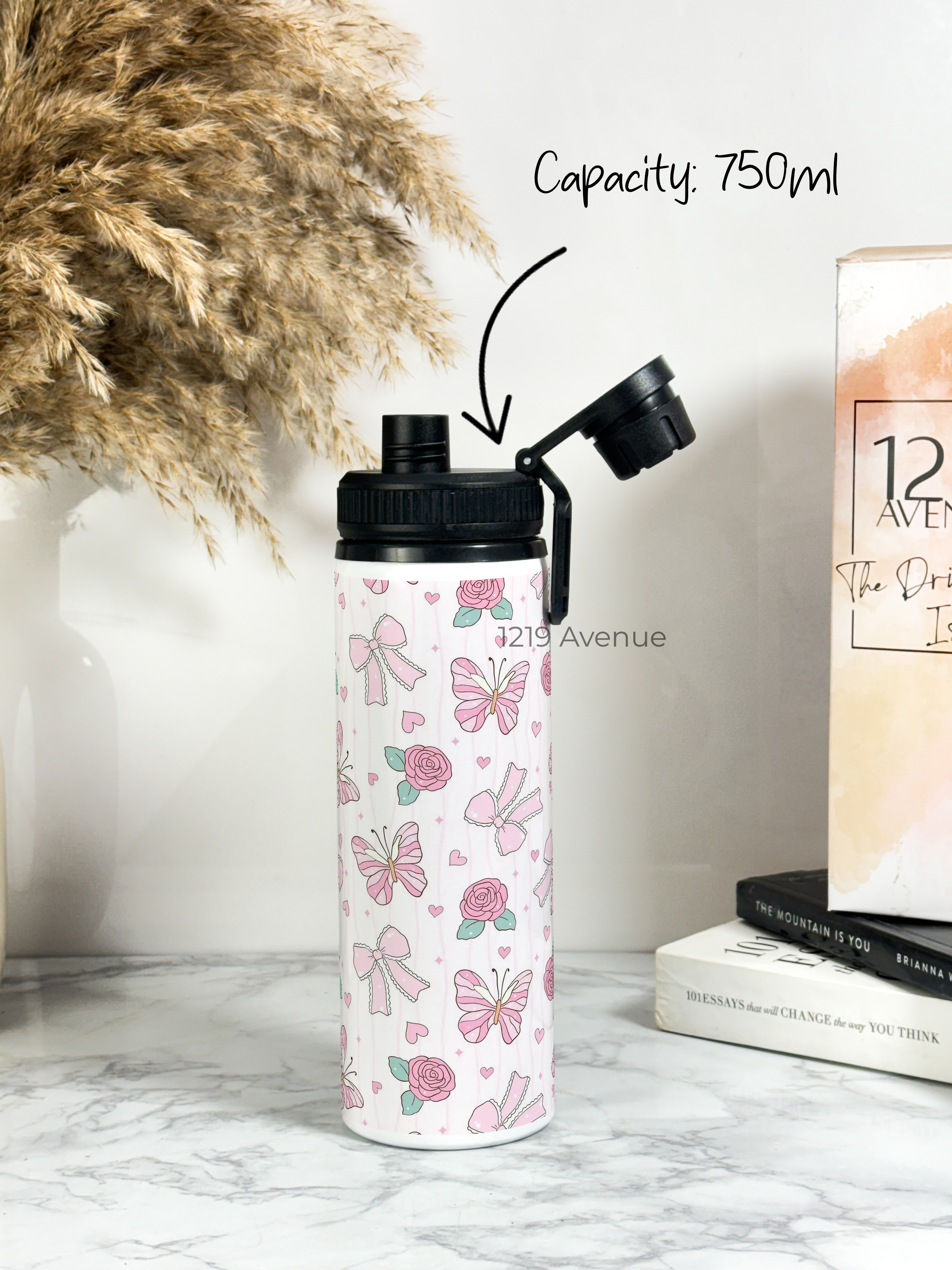 Tank-Sip Bottle 750ml | Rose Flutter Print | Leak Proof | Printed Bottle with Carry Hook, Durable & Stylish
