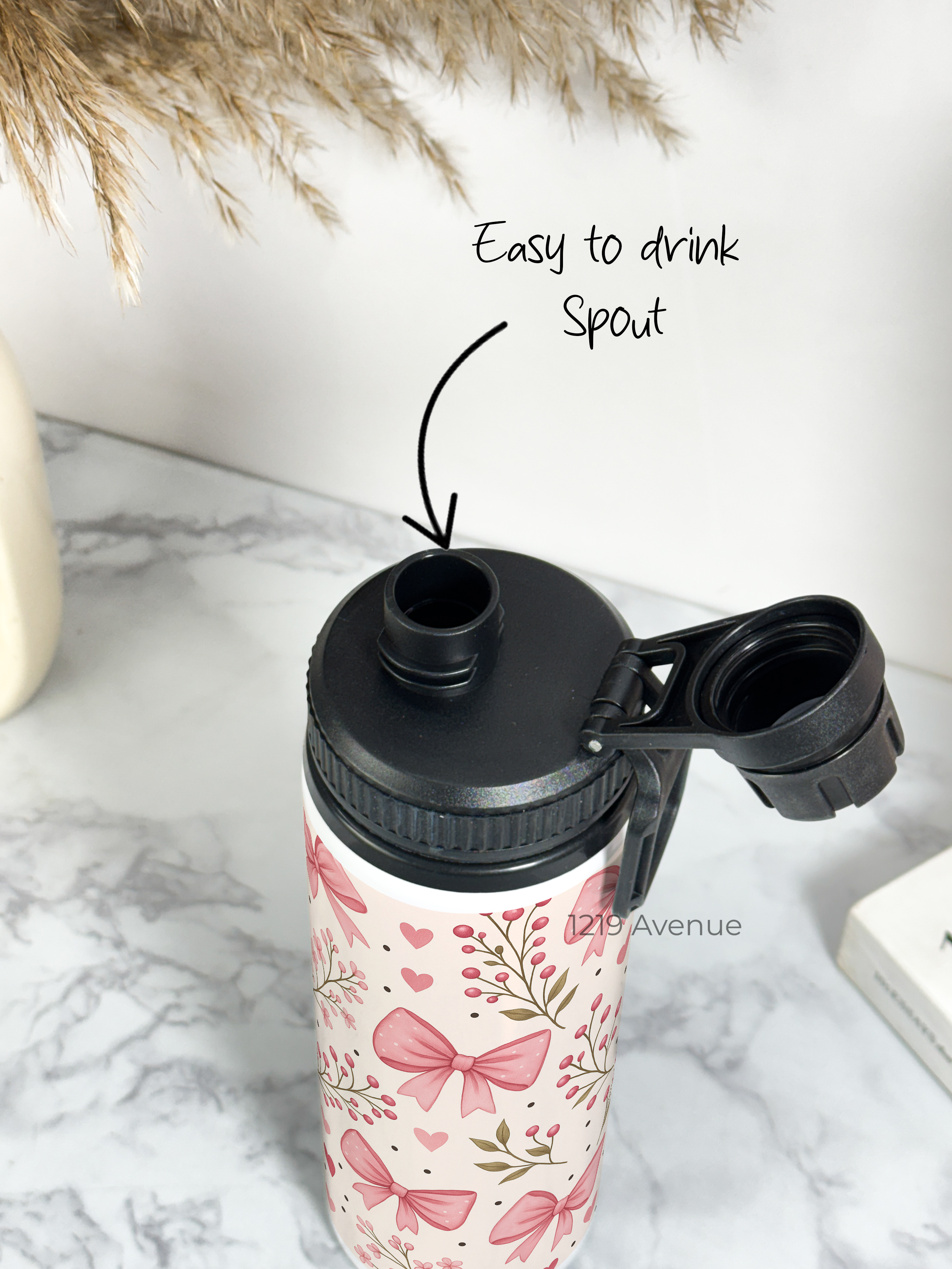 Tank-Sip Bottle 750ml | Bows Blossom Print | Leak Proof | Printed Bottle with Carry Hook, Durable & Stylish