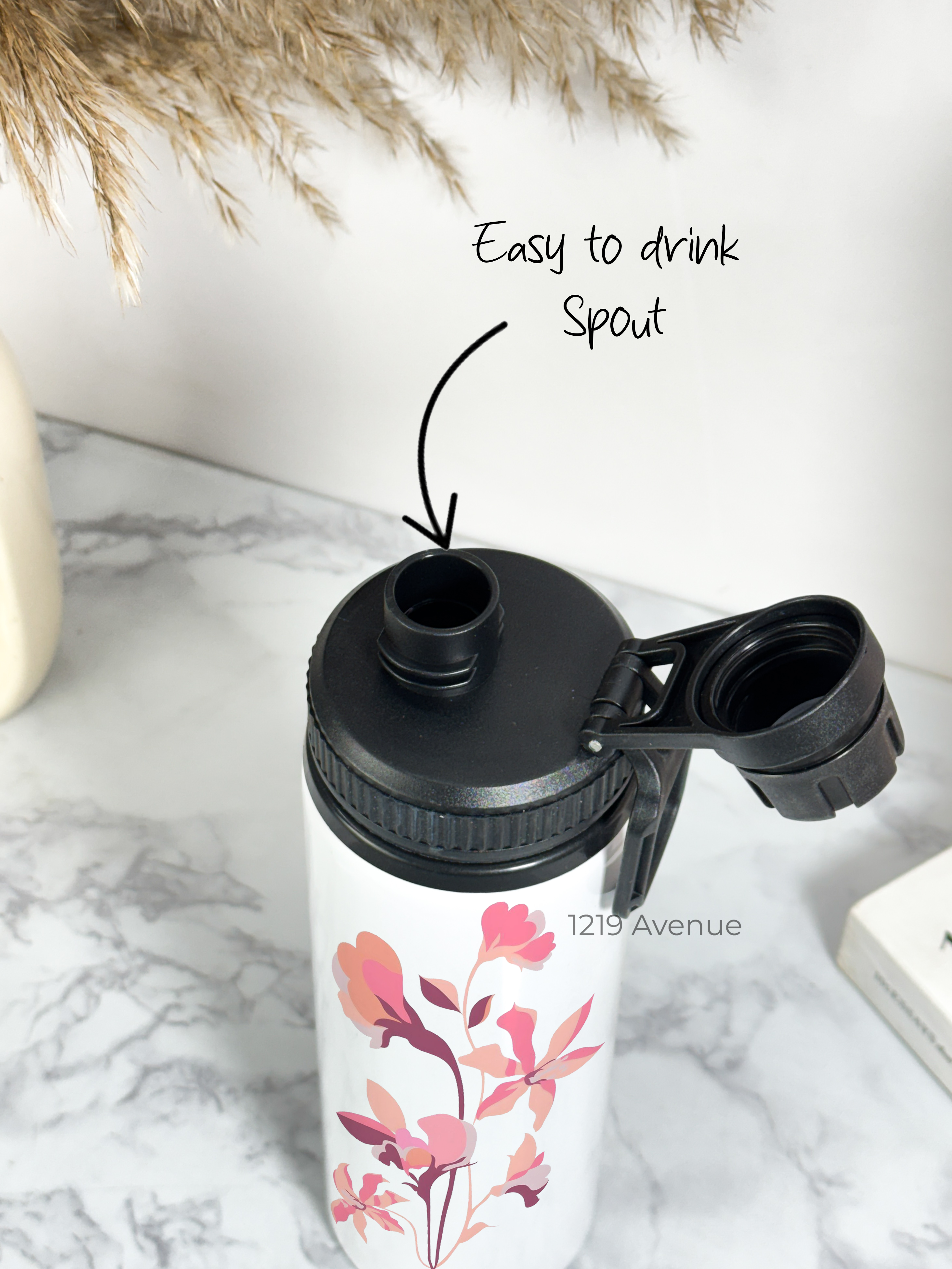 Tank-Sip Bottle 750ml | Minimal Flower Print | Leak Proof | Printed Bottle with Carry Hook, Durable & Stylish