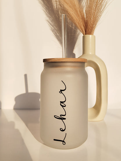 Personalized Name Frosted Can Sipper 500ml| Coffee Glass Tumbler with straw and lid 22oz