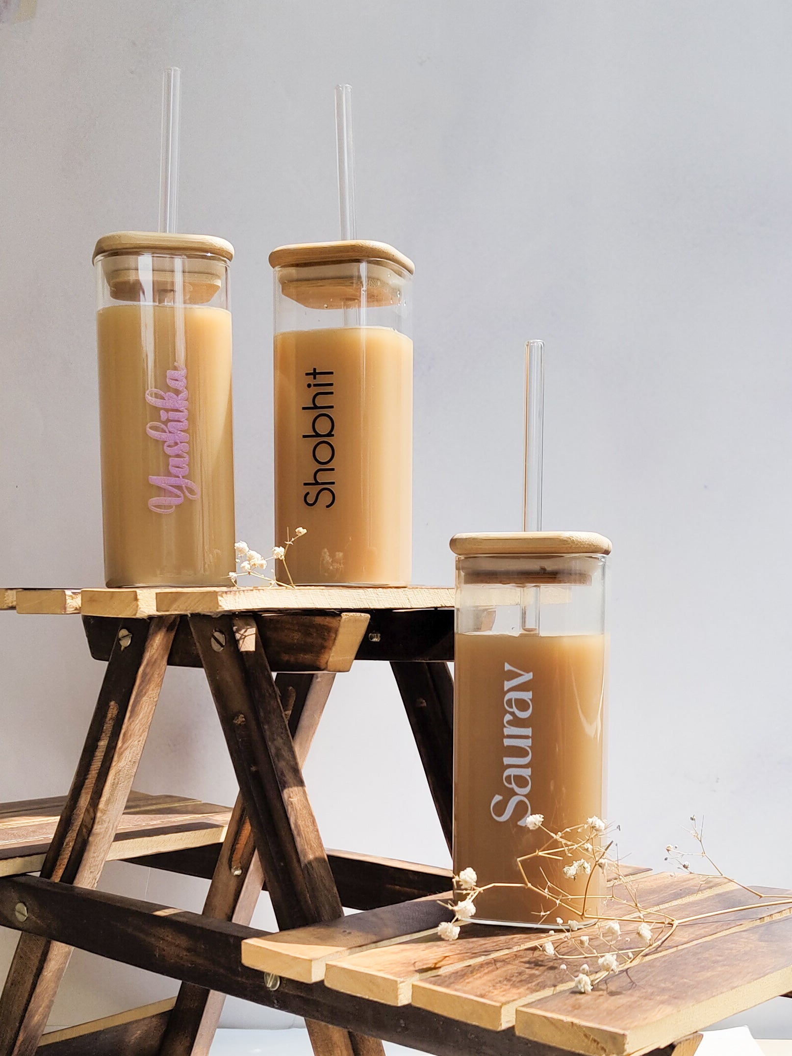 Personalized Name Squaro Sipper 450ml| Coffee Glass Tumbler with straw and lid