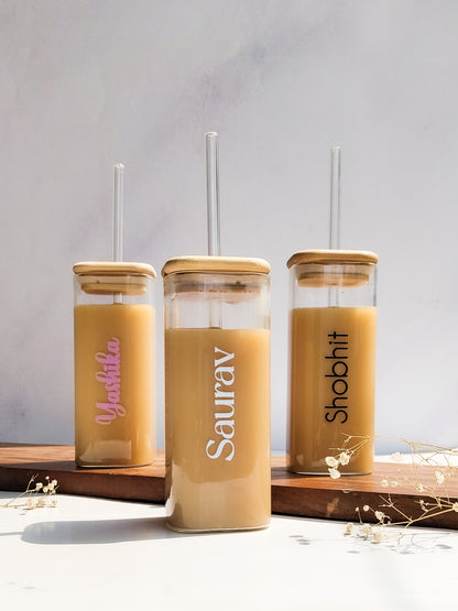 Personalized Name Squaro Sipper 400ml| Coffee Glass Tumbler with straw and lid