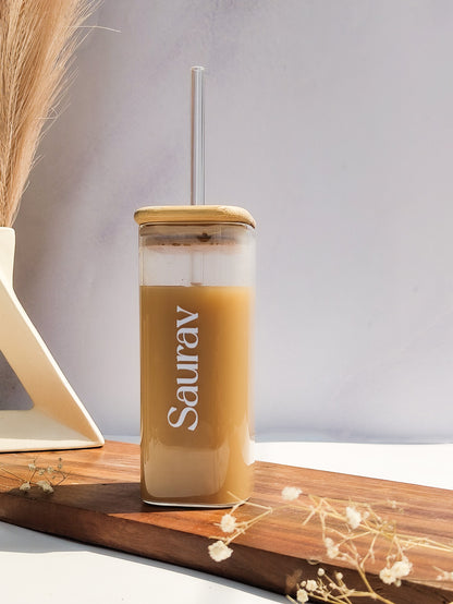 Personalized Name Squaro Sipper 400ml| Coffee Glass Tumbler with straw and lid