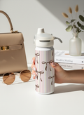 Lumi Insulated Premium Water Bottle 650ml – Soft Stripes & Bows Print | 12+ Hours Hot & Cold | 2-Way Lid