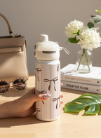 Lumi Insulated Premium Water Bottle 650ml – Soft Stripes & Bows Print | 12+ Hours Hot & Cold | 2-Way Lid