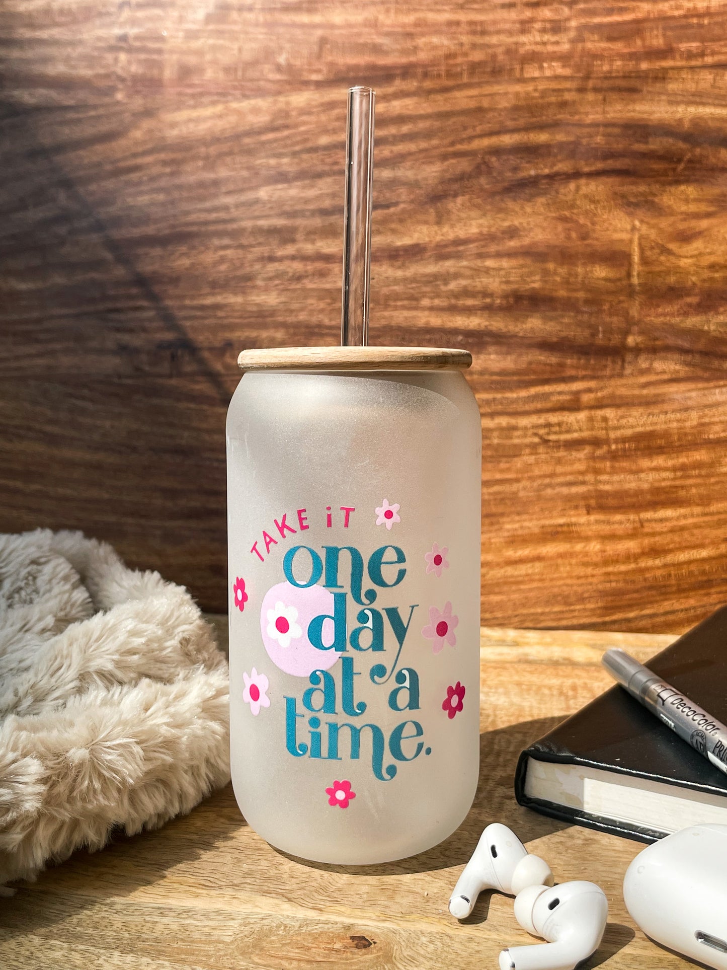 Frosted Can Shaped Sipper 500ml |Take It One Day at Time Print| 17oz Can Tumbler with Straw and Lid
